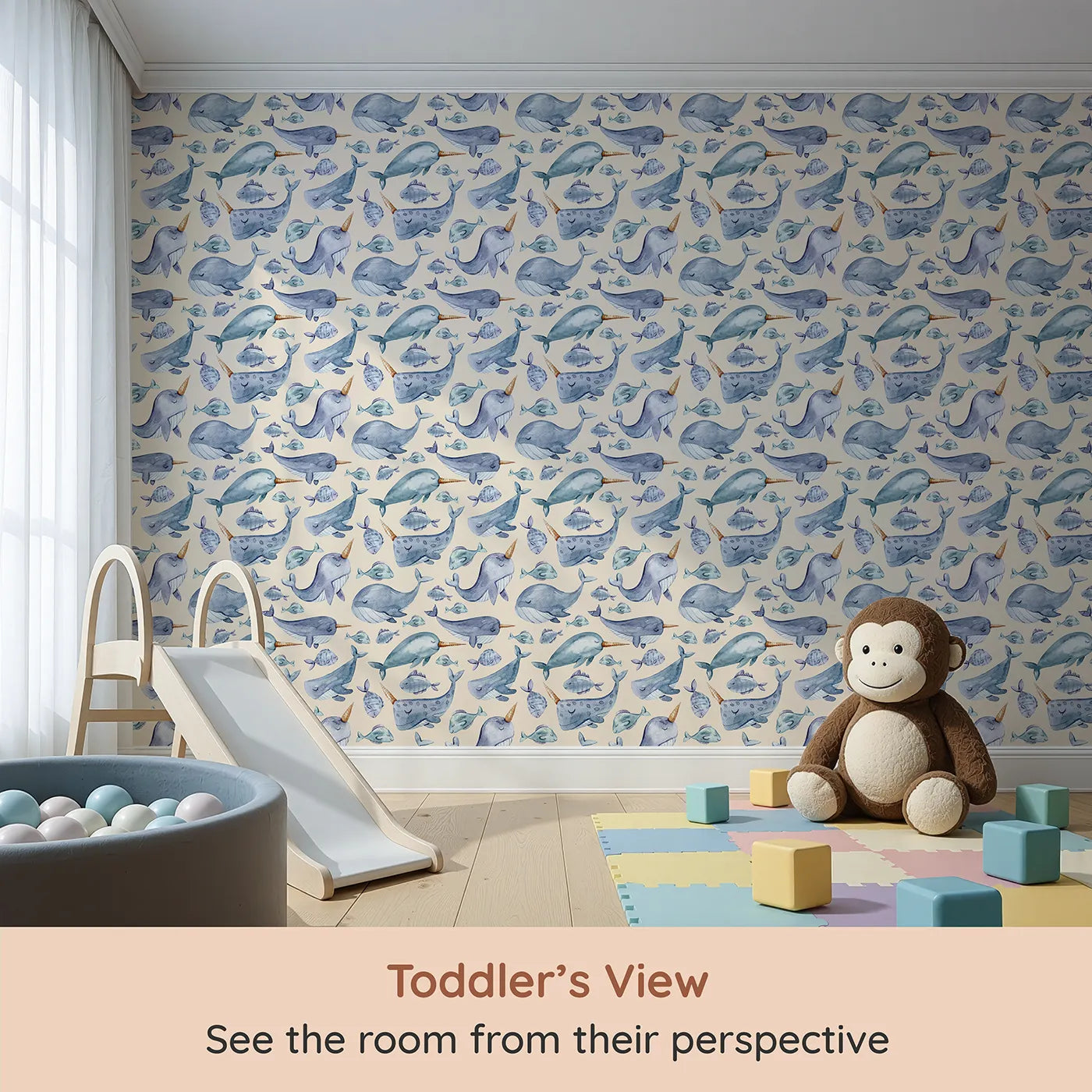 Whimsy Tots Sleepy Sea Friends Wallpaper in Sand (W3427C) from your child's view.Gentle narwhals, whales, and fish snooze in a sea of sandy calm.