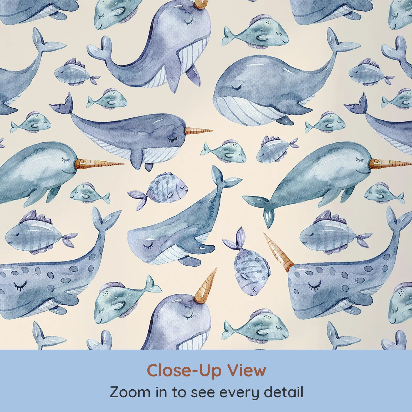 Close-up view of Whimsy Tots' Sleepy Sea Friends Wallpaper in Sand (W3427C).Gentle narwhals, whales, and fish snooze in a sea of sandy calm.