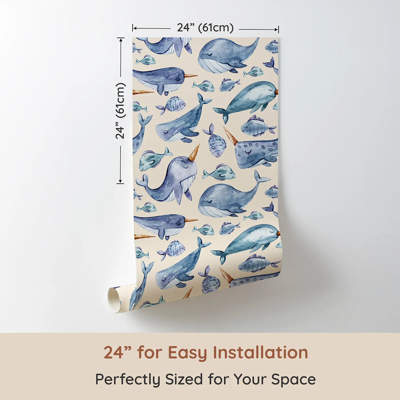 Dimension view of Whimsy Tots Sleepy Sea Friends Wallpaper in Sand (W3427C). Printed in 24-inch-wide panel for easy installation. Gentle narwhals, whales, and fish snooze in a sea of sandy calm.