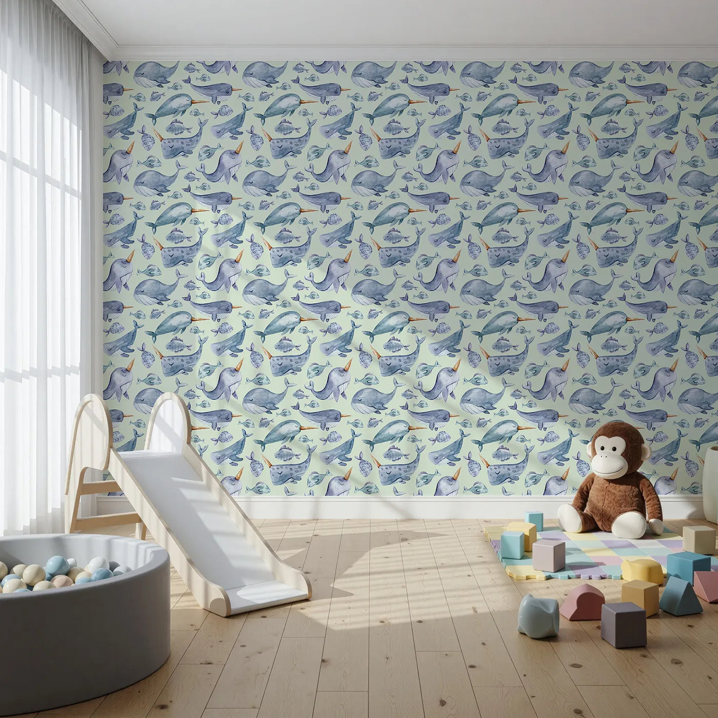 Front view of Whimsy Tots' Sleepy Sea Friends Wallpaper in Mint Green