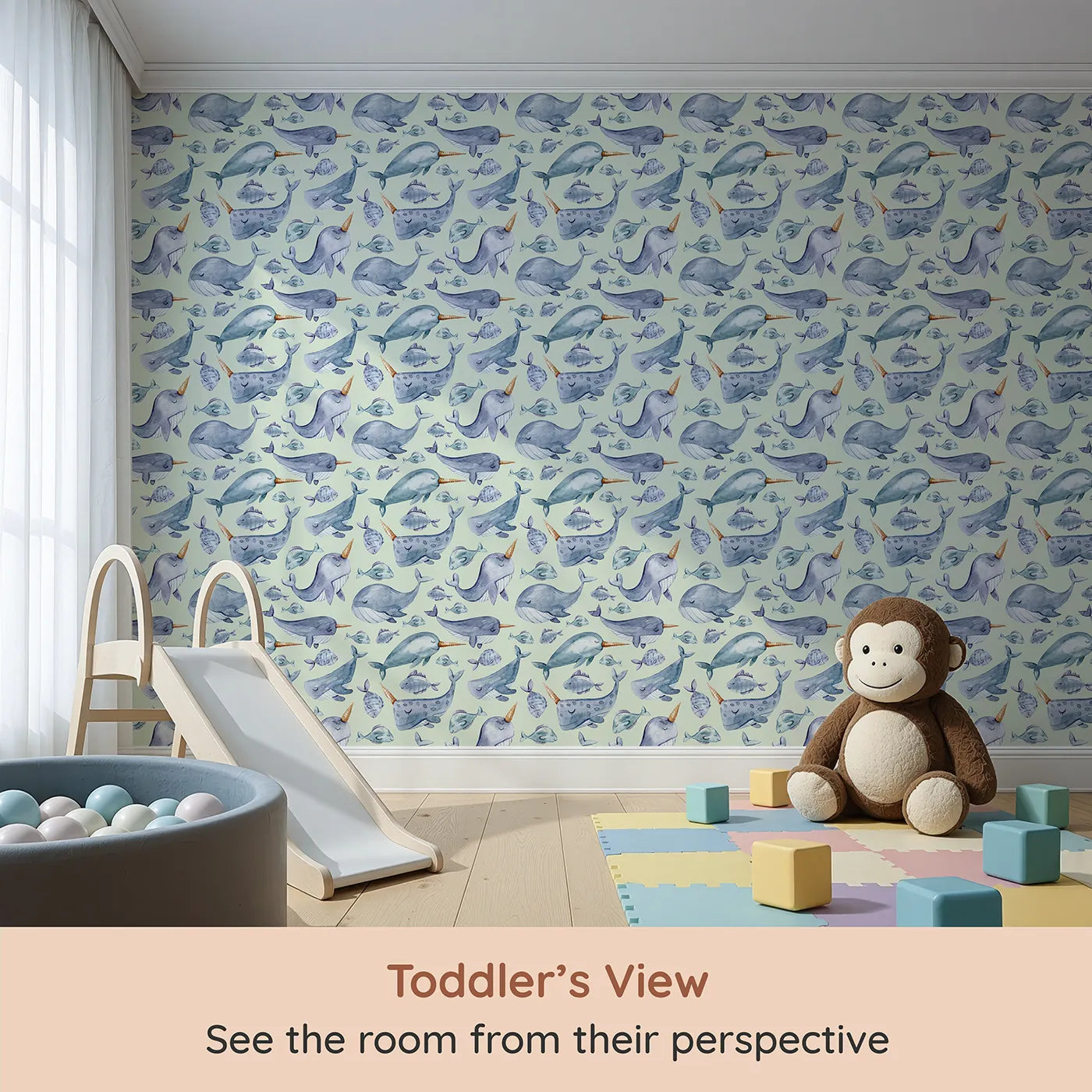 Whimsy Tots Sleepy Sea Friends Wallpaper in Mint Green (W3427D) from your child's view.Dreamy ocean creatures float through a gentle mint-green tide.