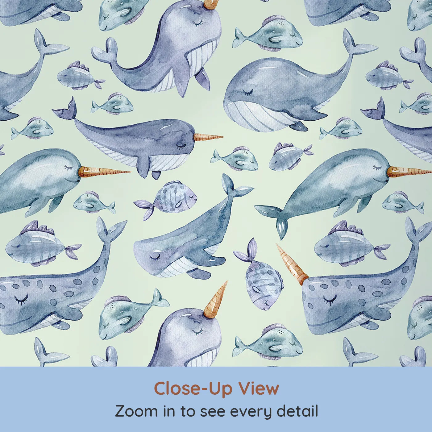Close-up view of Whimsy Tots' Sleepy Sea Friends Wallpaper in Mint Green (W3427D).Dreamy ocean creatures float through a gentle mint-green tide.