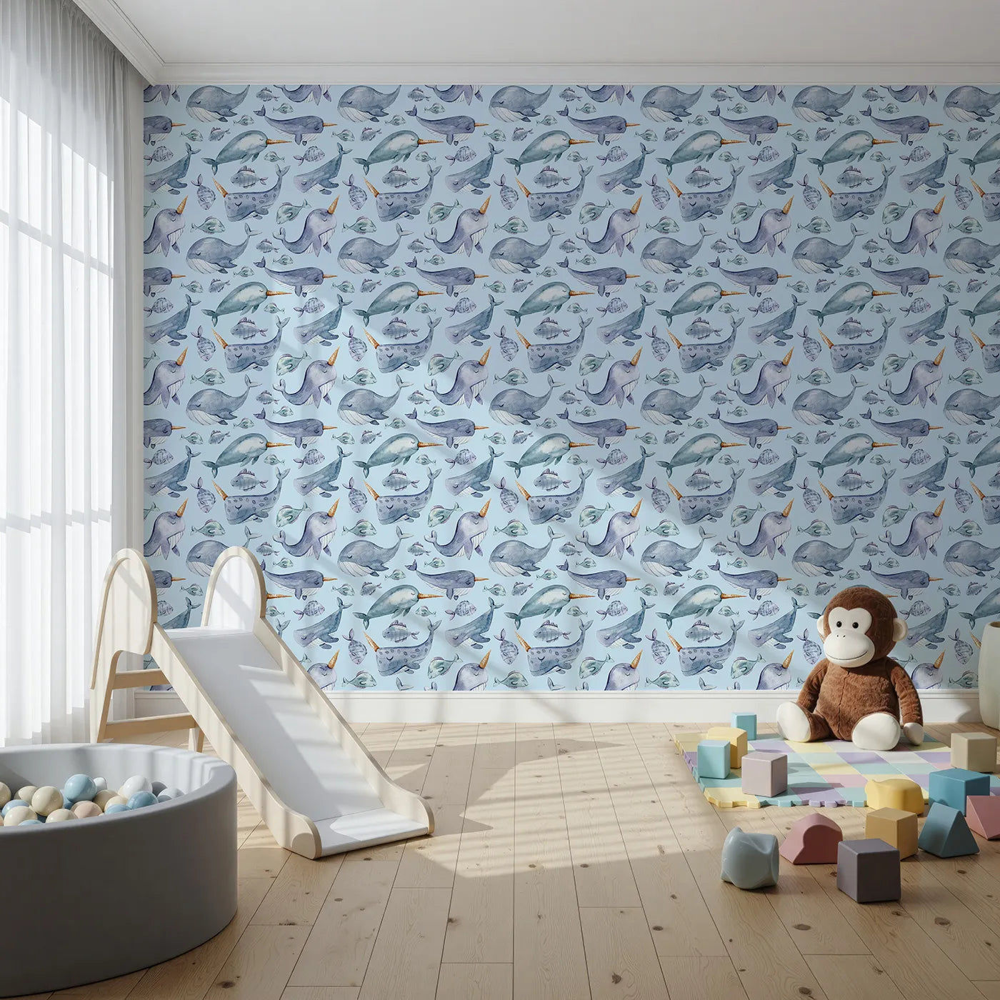 Front view of Whimsy Tots' Sleepy Sea Friends Wallpaper in Sky Blue