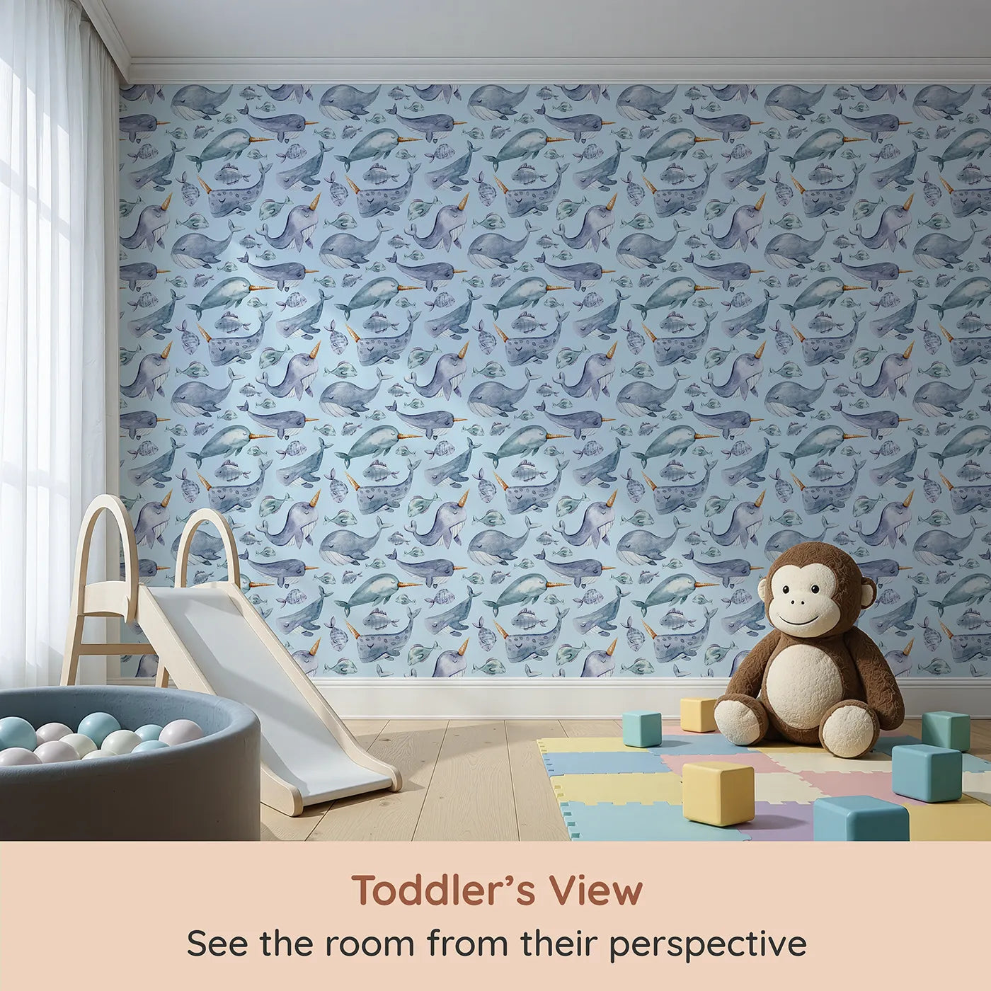 Whimsy Tots Sleepy Sea Friends Wallpaper in Sky Blue (W3427E) from your child's view.Whales, narwhals, and fish float quietly in a soft blue dream.