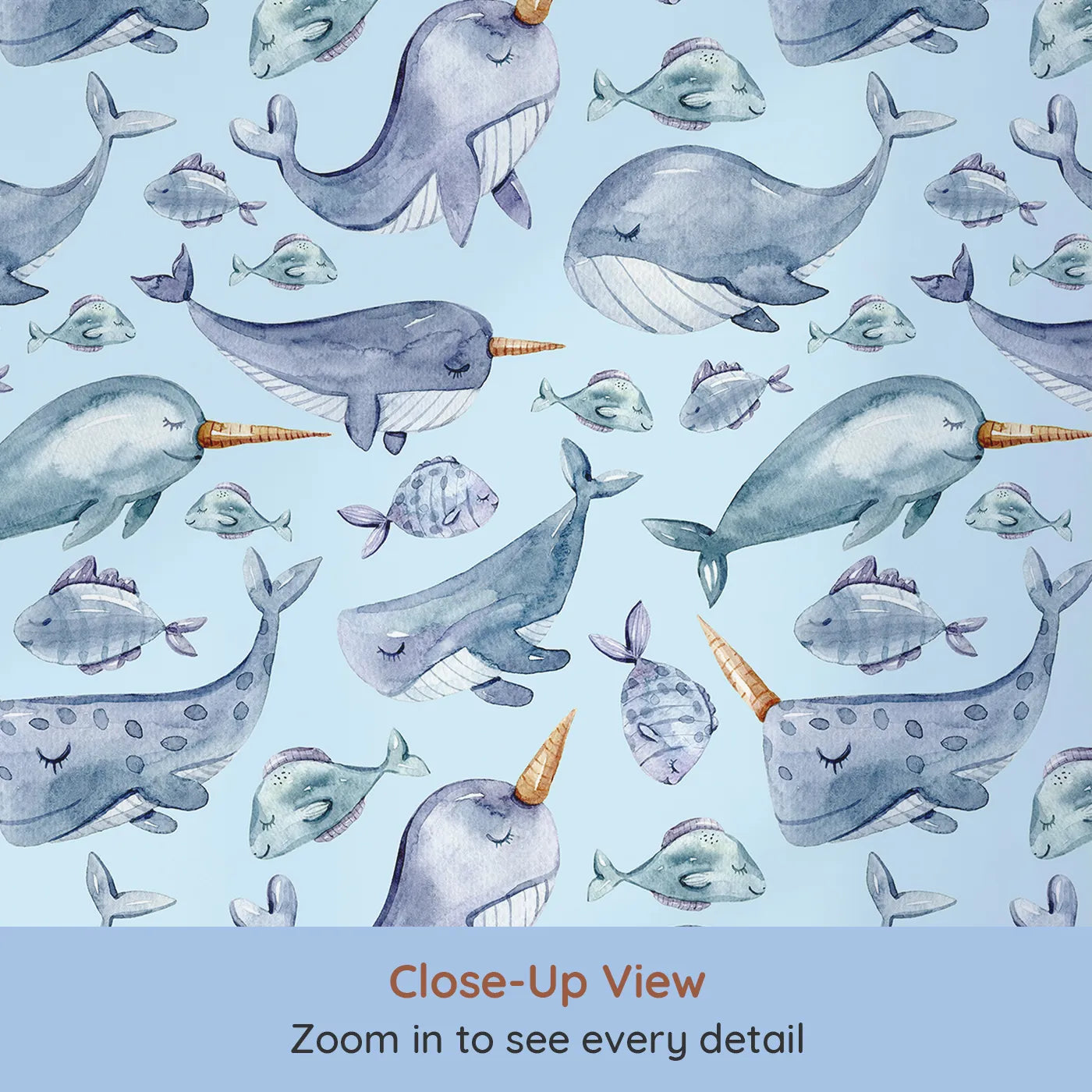 Close-up view of Whimsy Tots' Sleepy Sea Friends Wallpaper in Sky Blue (W3427E).Whales, narwhals, and fish float quietly in a soft blue dream.