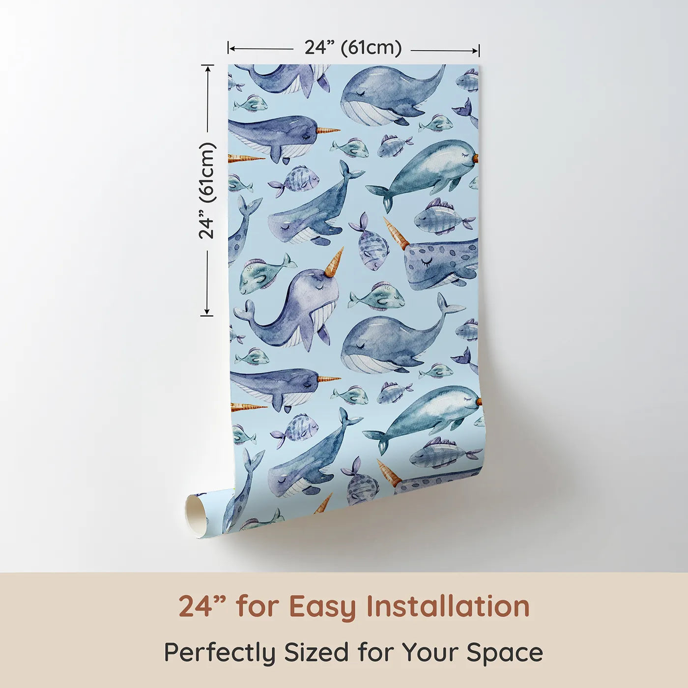 Dimension view of Whimsy Tots Sleepy Sea Friends Wallpaper in Sky Blue (W3427E). Printed in 24-inch-wide panel for easy installation. Whales, narwhals, and fish float quietly in a soft blue dream.