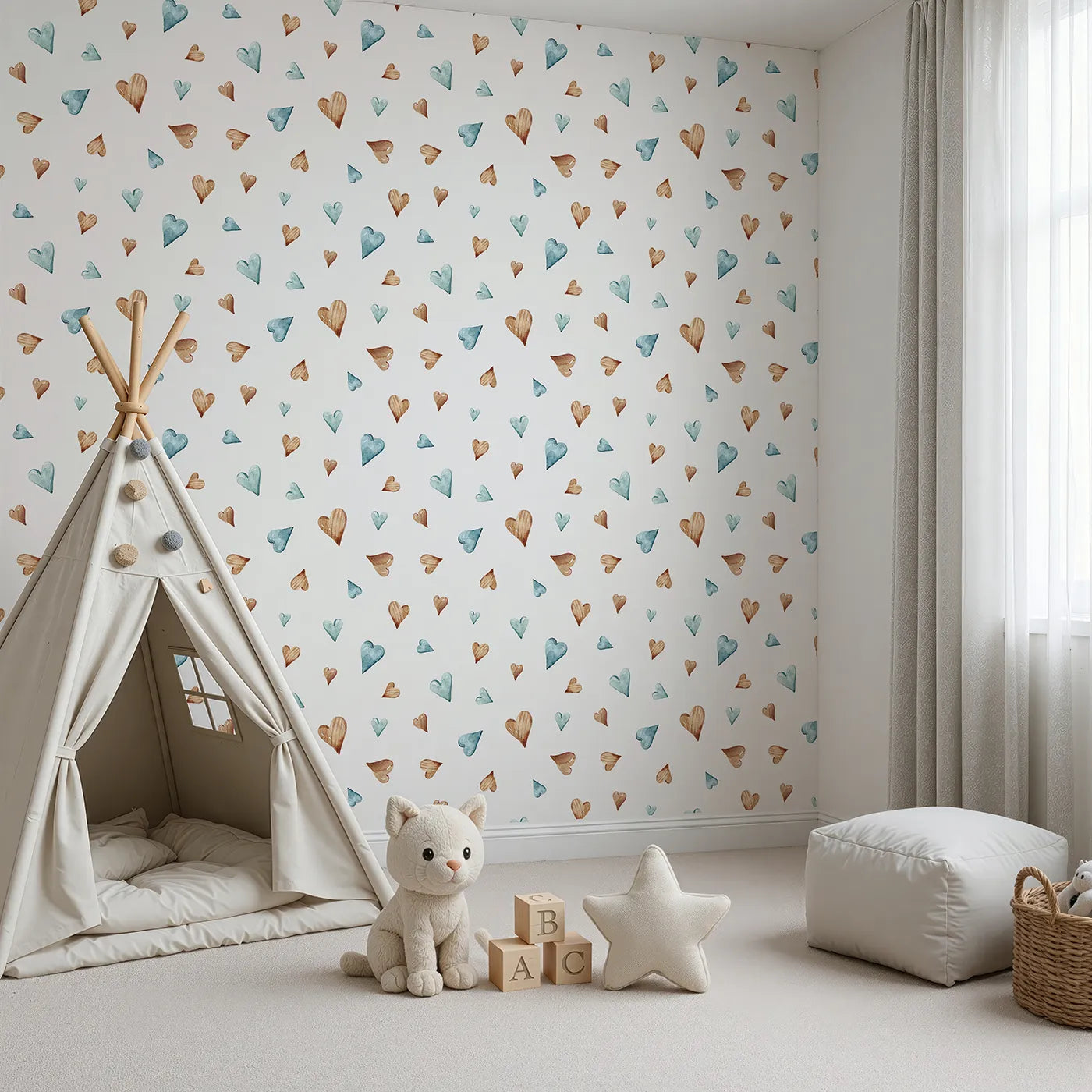 Angled view of Whimsy Tots' Heartful Whimsy Wallpaper in White (W3428A).Sweet watercolor hearts dance softly across the walls.