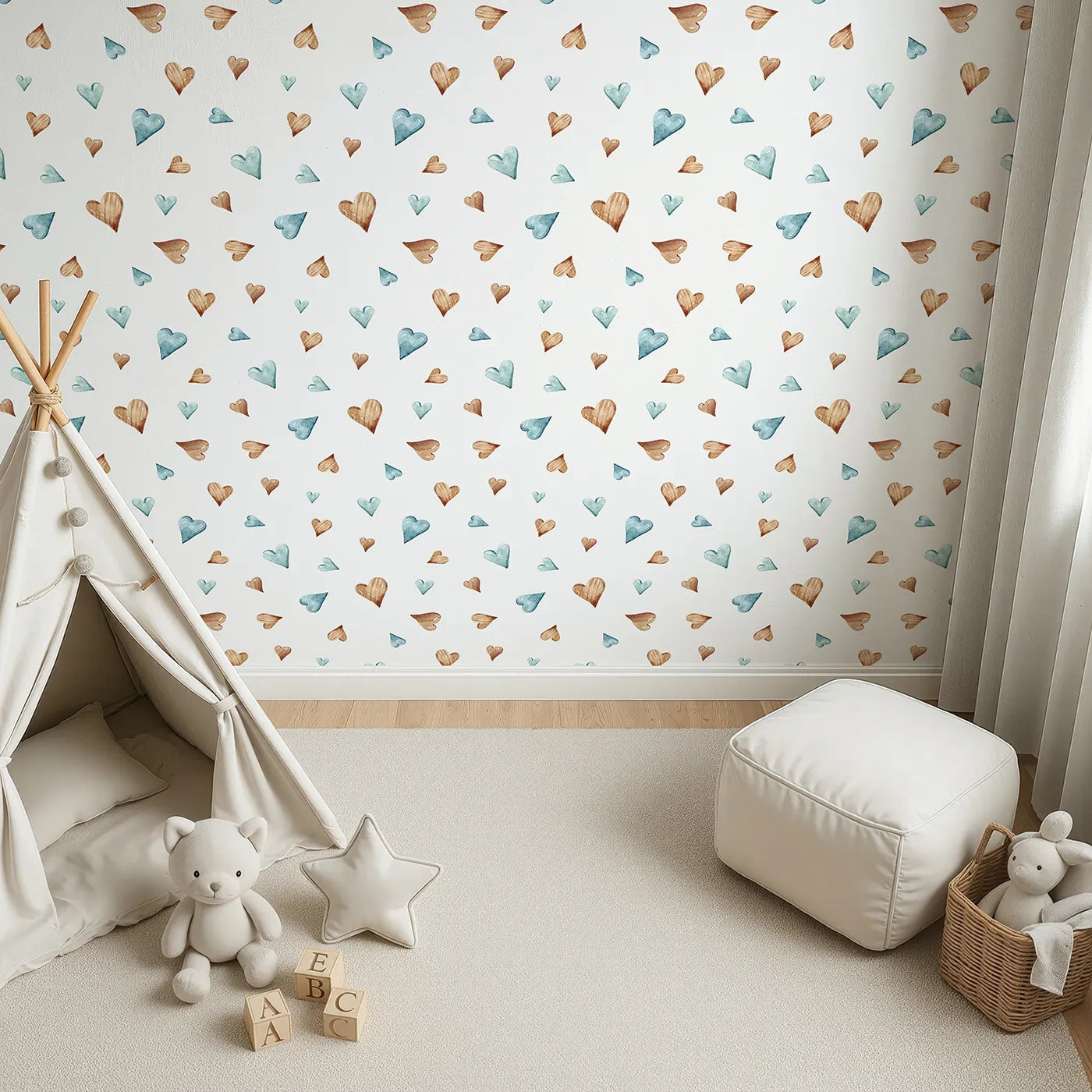 Top-Down view of Whimsy Tots' Heartful Whimsy Wallpaper in White (W3428A).Sweet watercolor hearts dance softly across the walls.
