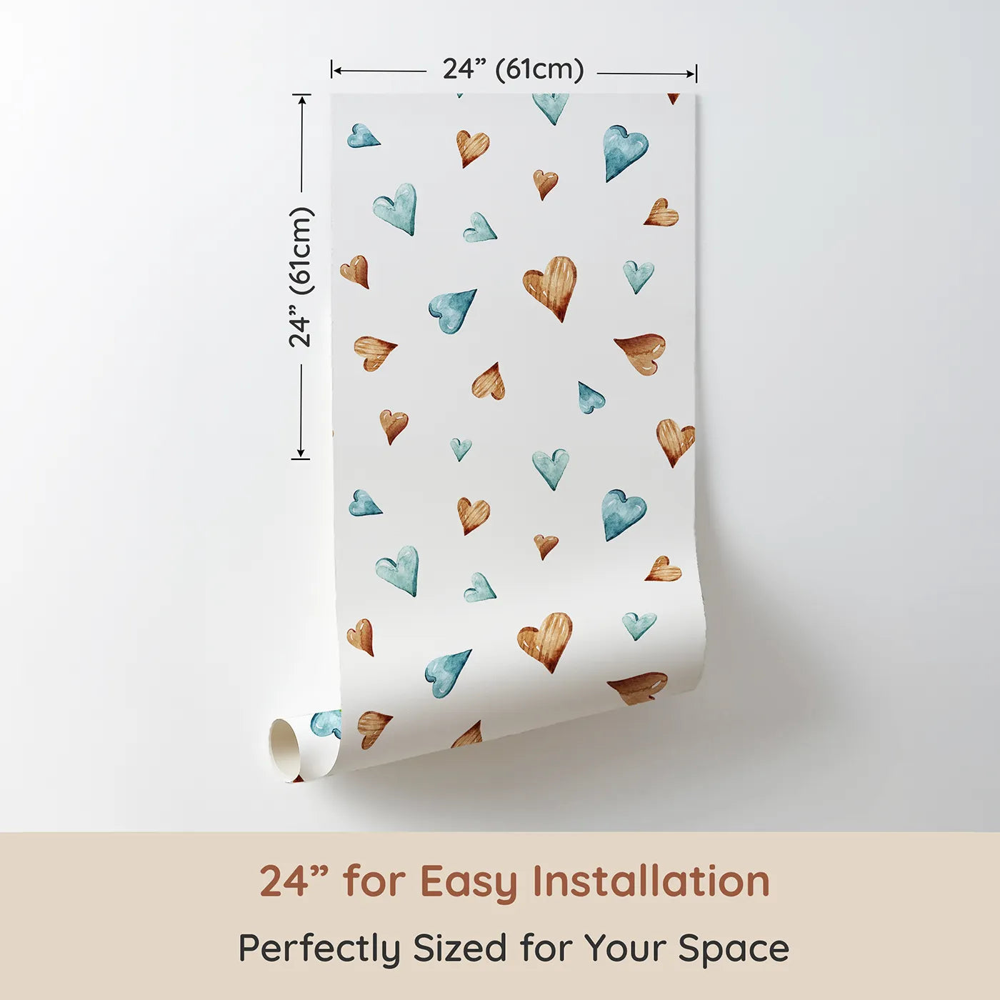 Dimension view of Whimsy Tots Heartful Whimsy Wallpaper in White (W3428A). Printed in 24-inch-wide panel for easy installation. Sweet watercolor hearts dance softly across the walls.