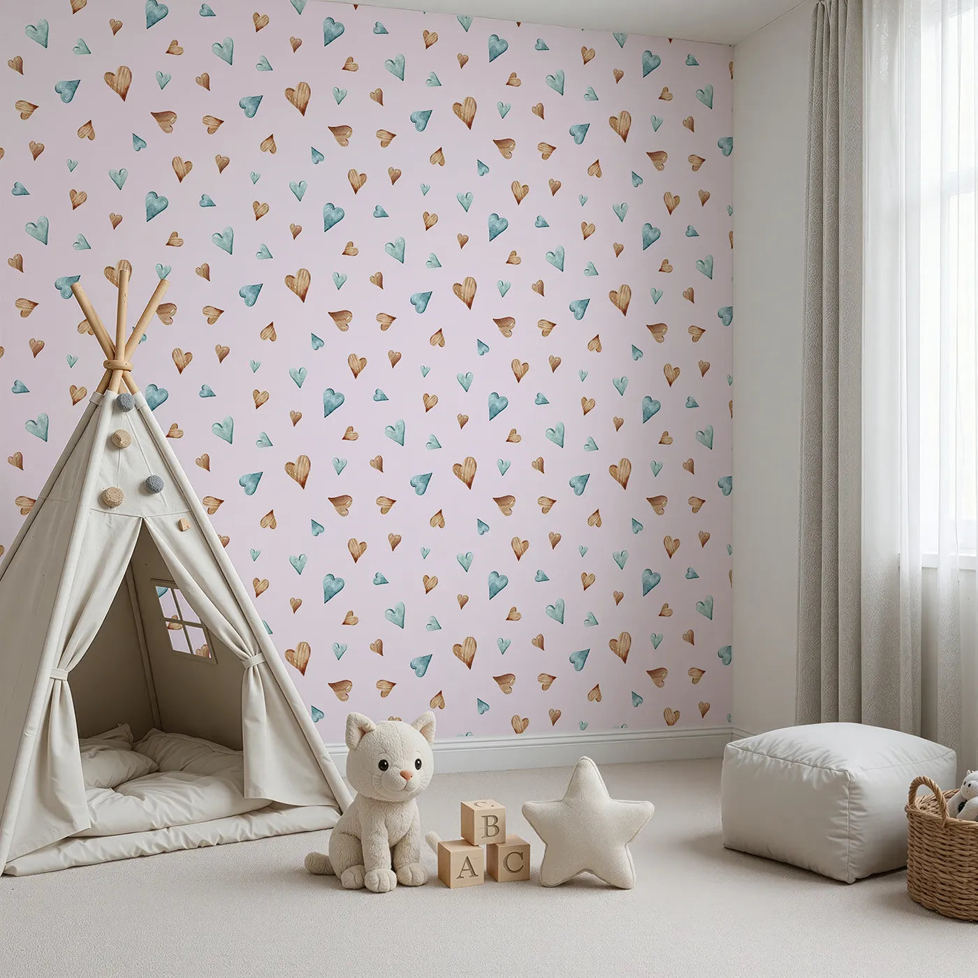 Angled view of Whimsy Tots' Heartful Whimsy Wallpaper in Blush Pink (W3428B).Soft watercolor hearts drift across a blush pink dream.