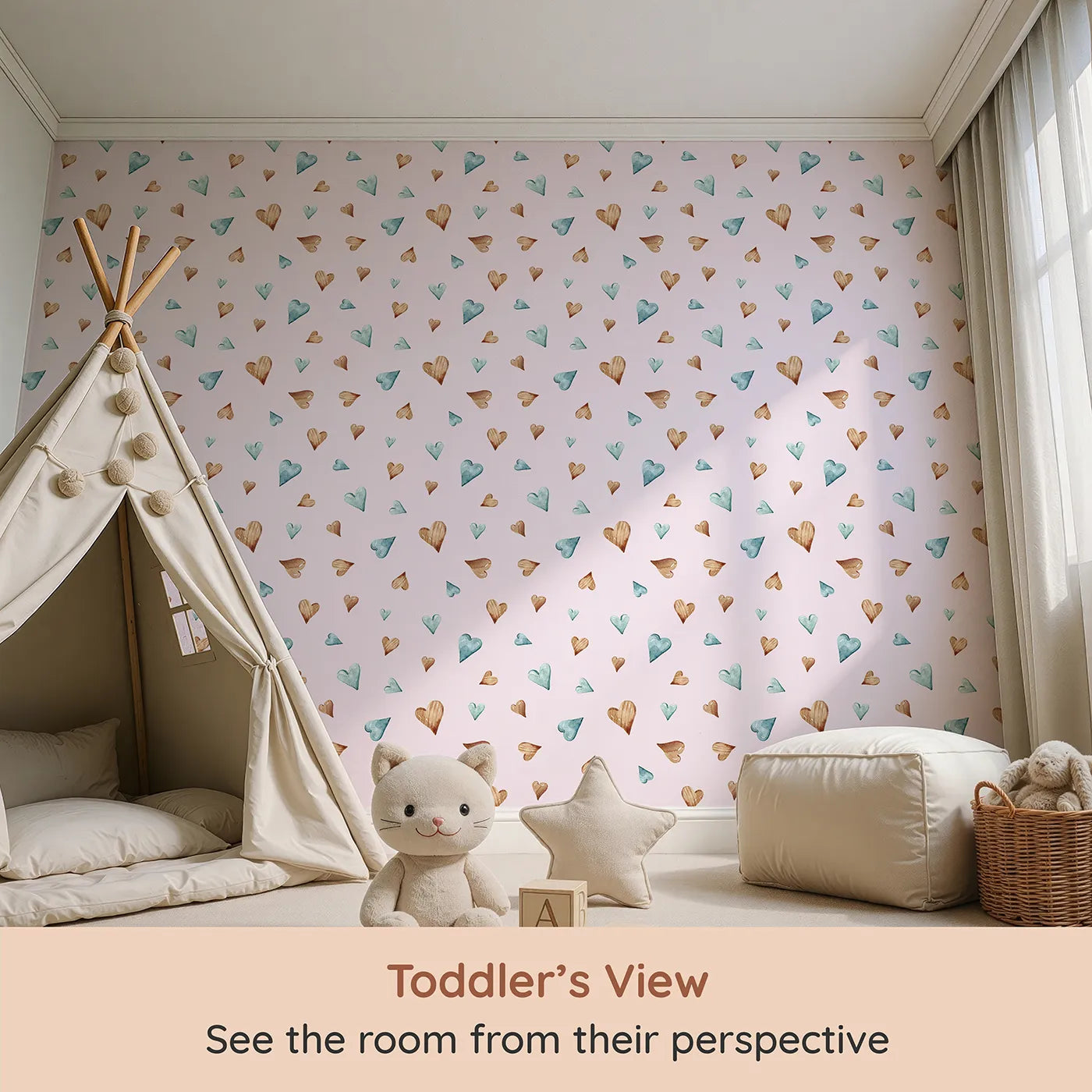 Whimsy Tots Heartful Whimsy Wallpaper in Blush Pink (W3428B) from your child's view.Soft watercolor hearts drift across a blush pink dream.