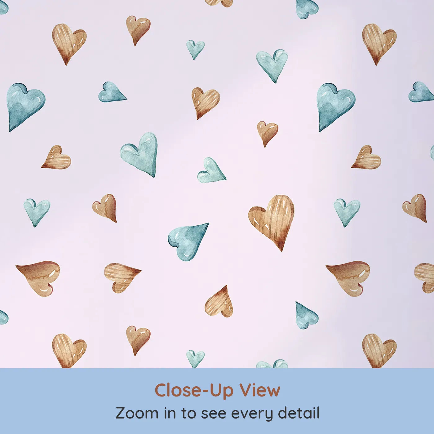 Close-up view of Whimsy Tots' Heartful Whimsy Wallpaper in Blush Pink (W3428B).Soft watercolor hearts drift across a blush pink dream.