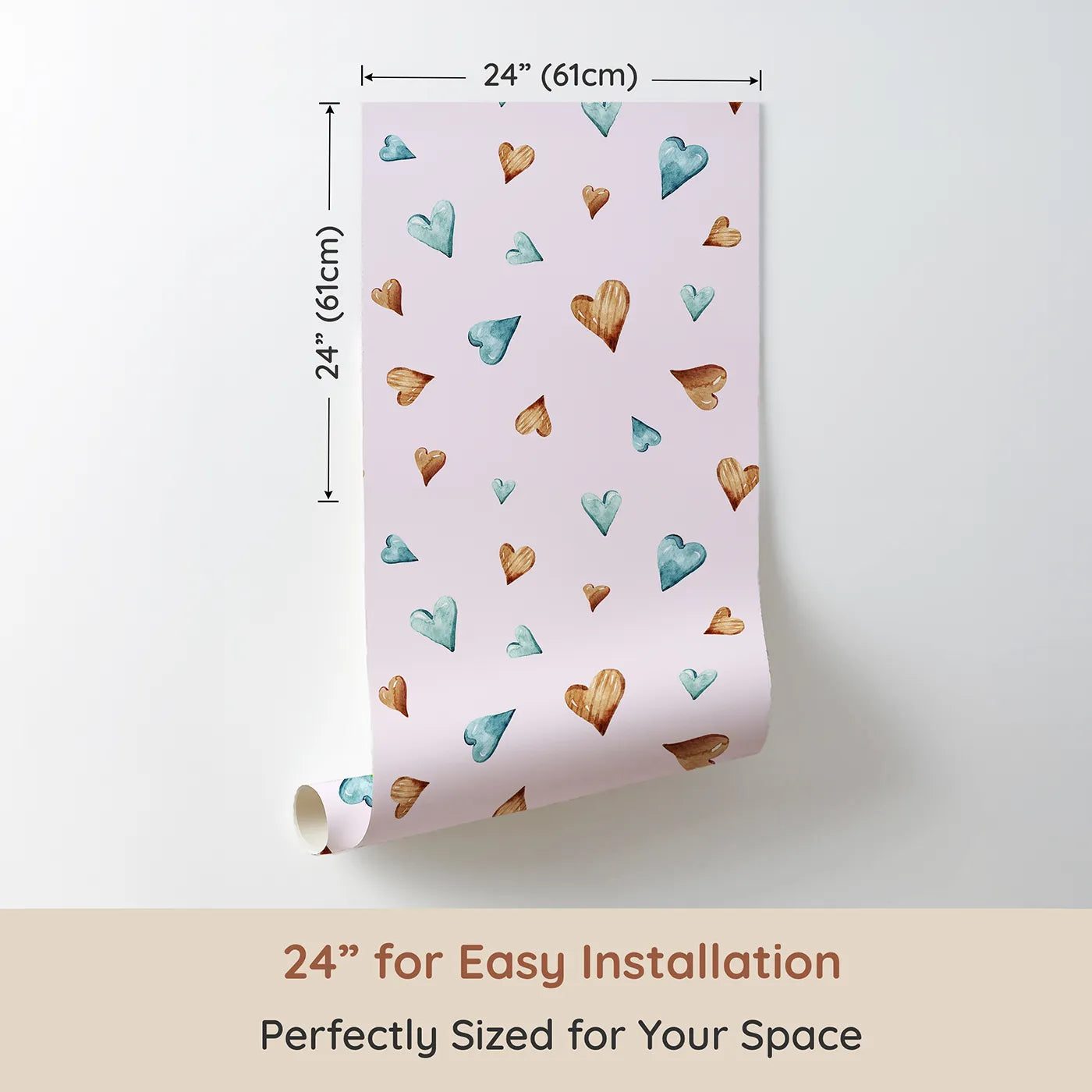 Dimension view of Whimsy Tots Heartful Whimsy Wallpaper in Blush Pink (W3428B). Printed in 24-inch-wide panel for easy installation. Soft watercolor hearts drift across a blush pink dream.