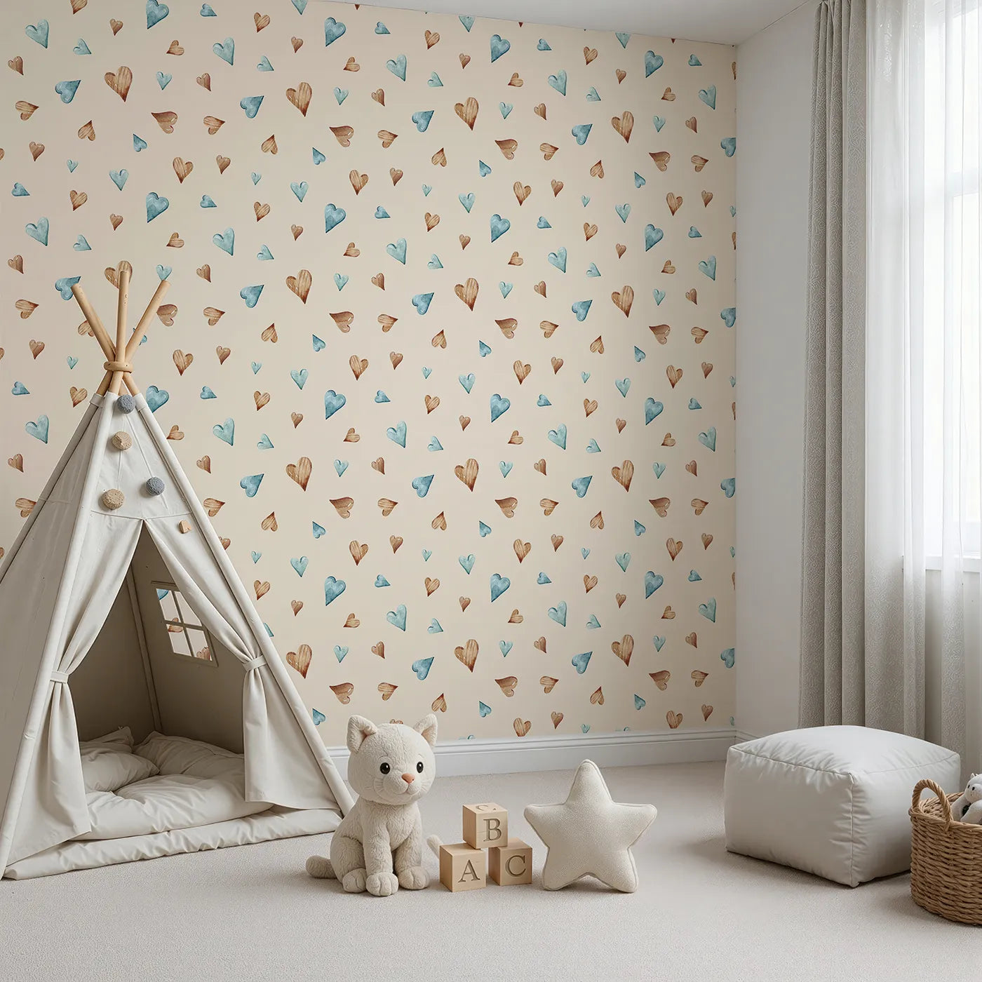Angled view of Whimsy Tots' Heartful Whimsy Wallpaper in Sand (W3428C).Woodgrain and watercolor hearts drift across a sandy canvas.