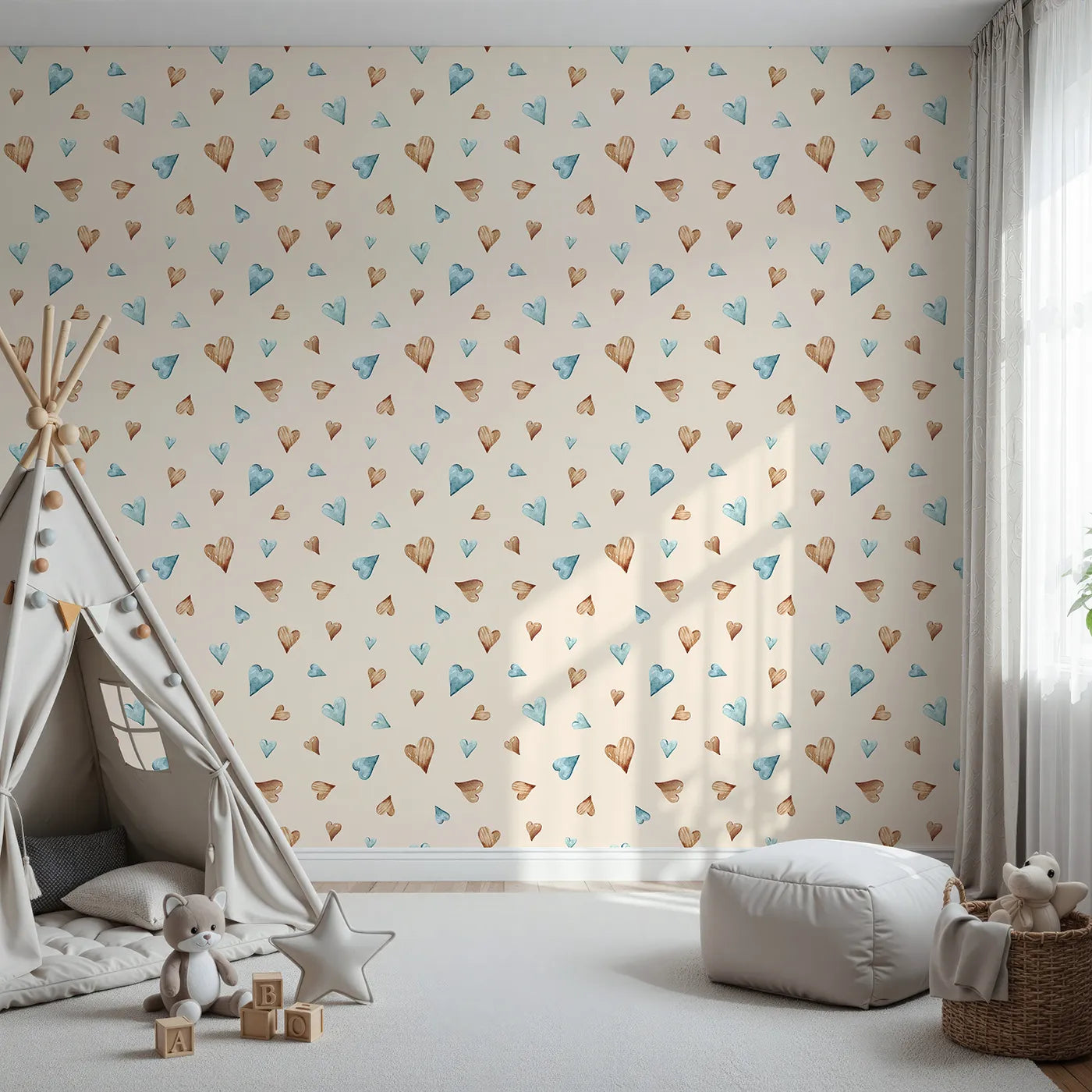 Front view of Whimsy Tots' Heartful Whimsy Wallpaper in Sand
