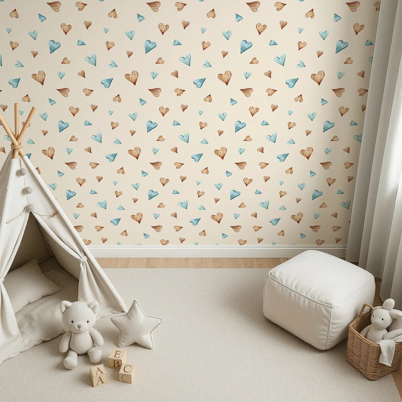 Top-Down view of Whimsy Tots' Heartful Whimsy Wallpaper in Sand (W3428C).Woodgrain and watercolor hearts drift across a sandy canvas.
