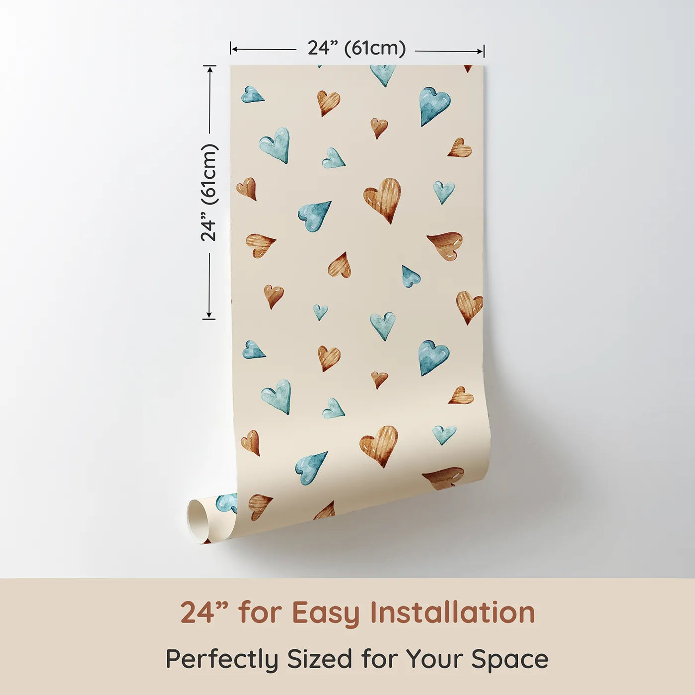 Dimension view of Whimsy Tots Heartful Whimsy Wallpaper in Sand (W3428C). Printed in 24-inch-wide panel for easy installation. Woodgrain and watercolor hearts drift across a sandy canvas.