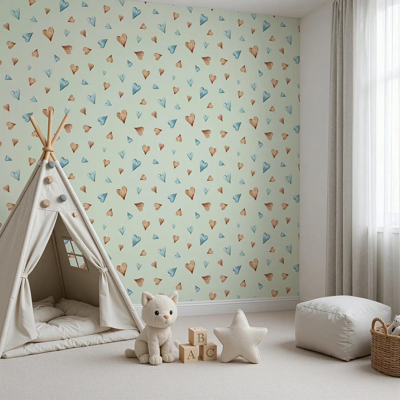 Angled view of Whimsy Tots' Heartful Whimsy Wallpaper in Mint Green (W3428D).Soft watercolor hearts float across a minty-fresh daydream.
