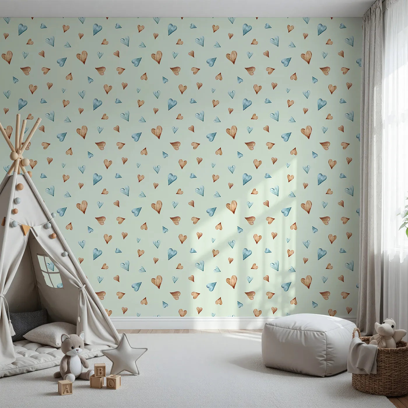 Front view of Whimsy Tots' Heartful Whimsy Wallpaper in Mint Green