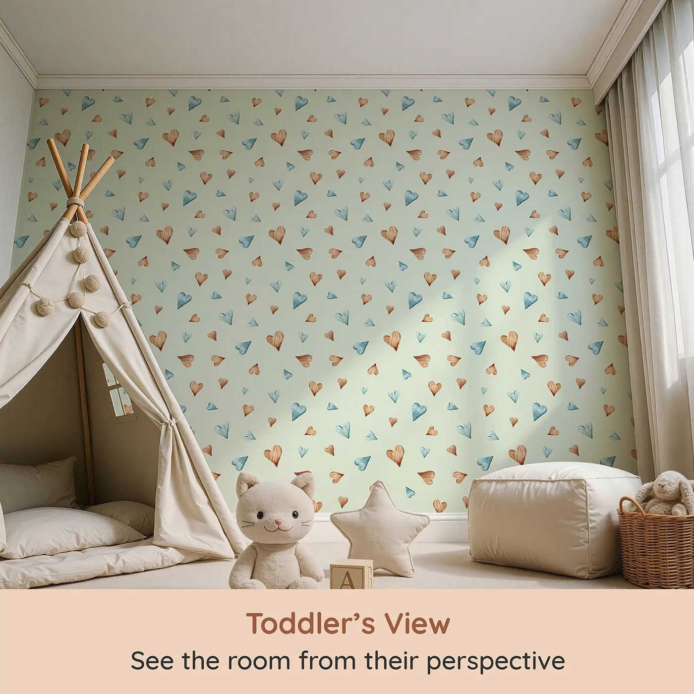 Whimsy Tots Heartful Whimsy Wallpaper in Mint Green (W3428D) from your child's view.Soft watercolor hearts float across a minty-fresh daydream.