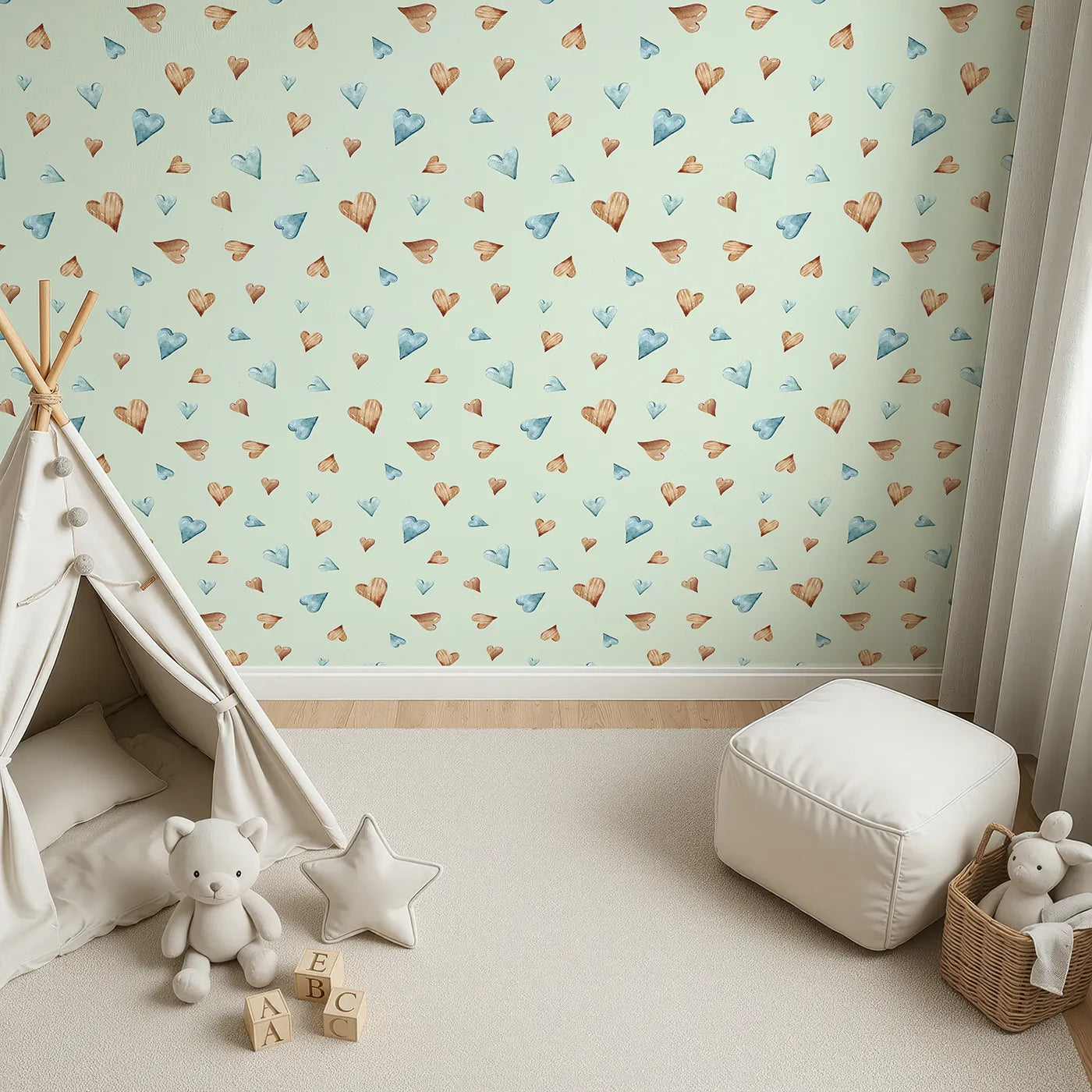 Top-Down view of Whimsy Tots' Heartful Whimsy Wallpaper in Mint Green (W3428D).Soft watercolor hearts float across a minty-fresh daydream.
