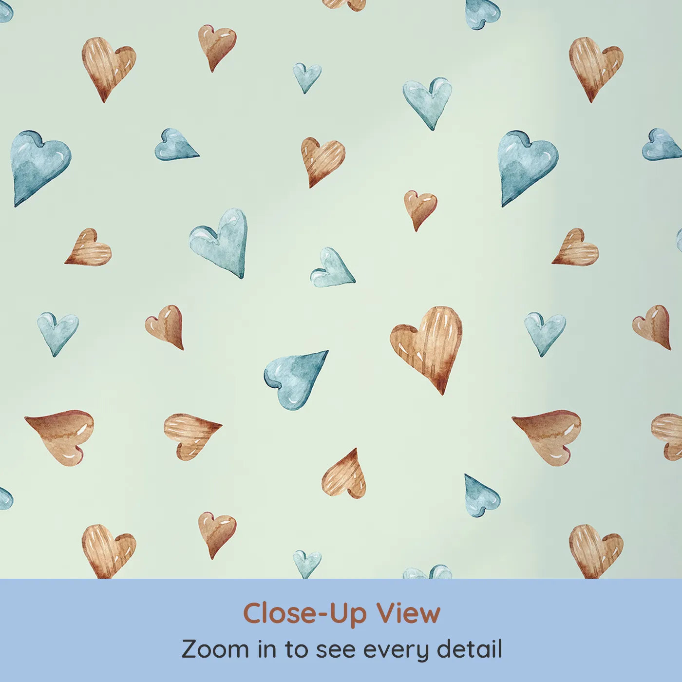 Close-up view of Whimsy Tots' Heartful Whimsy Wallpaper in Mint Green (W3428D).Soft watercolor hearts float across a minty-fresh daydream.