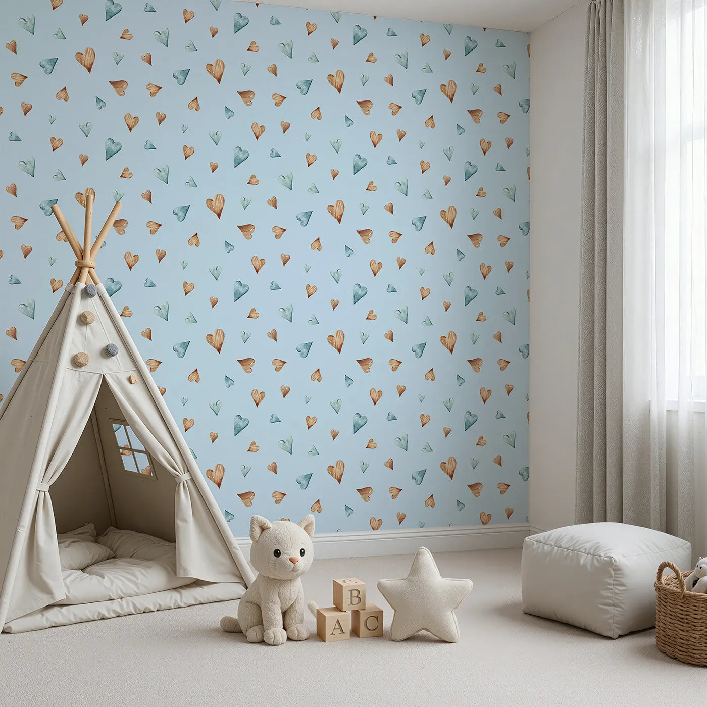 Angled view of Whimsy Tots' Heartful Whimsy Wallpaper in Sky (W3428E).Sweet watercolor hearts drift across a clear sky of calm.