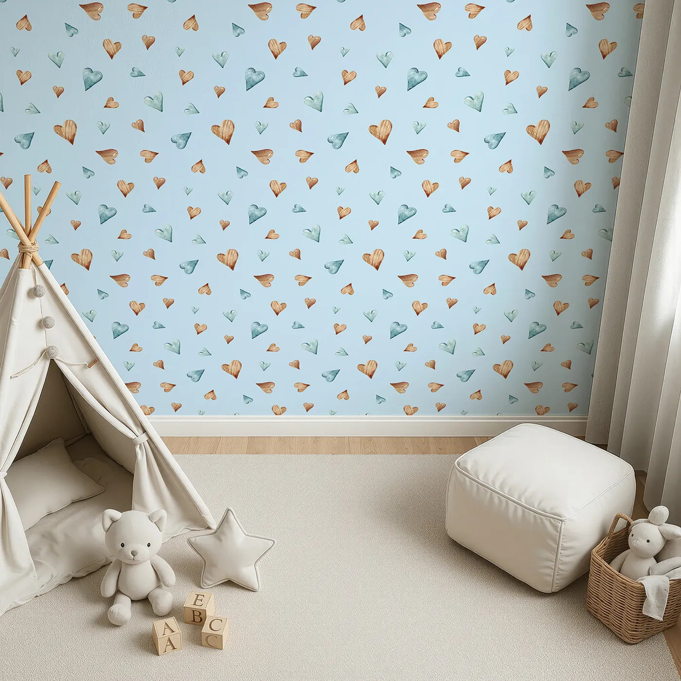 Top-Down view of Whimsy Tots' Heartful Whimsy Wallpaper in Sky (W3428E).Sweet watercolor hearts drift across a clear sky of calm.