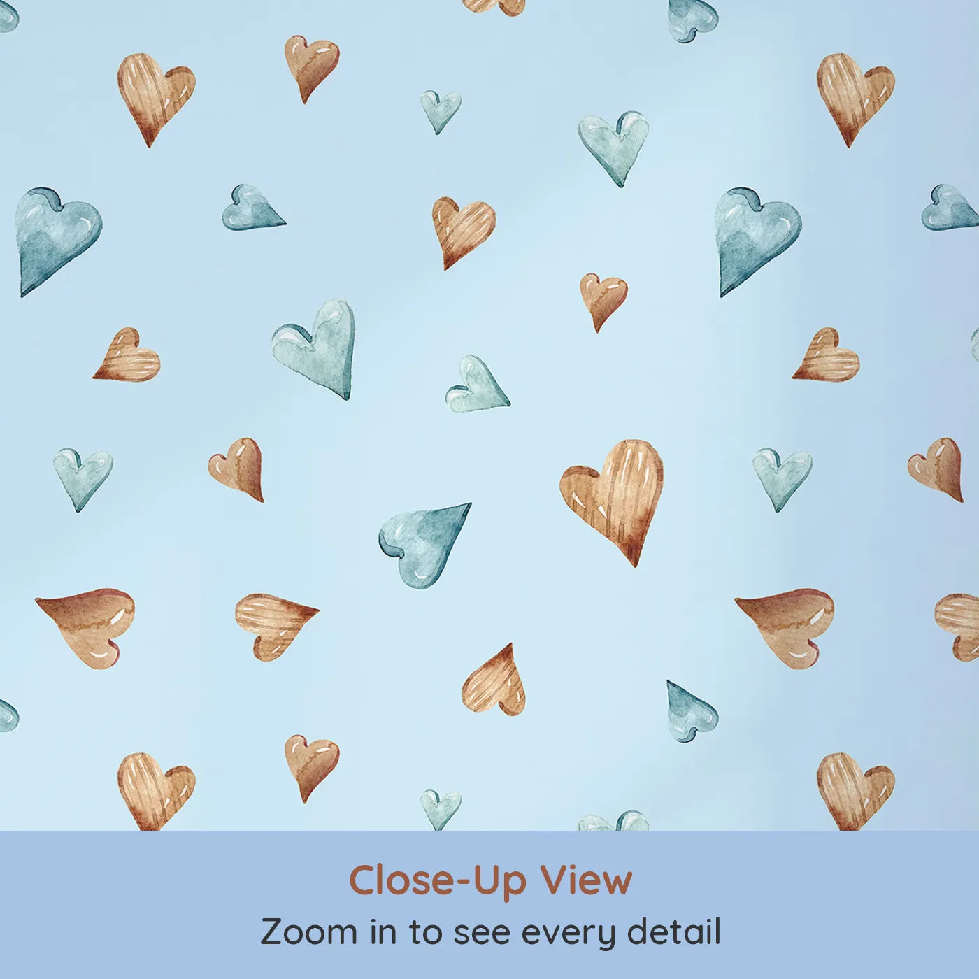 Close-up view of Whimsy Tots' Heartful Whimsy Wallpaper in Sky (W3428E).Sweet watercolor hearts drift across a clear sky of calm.