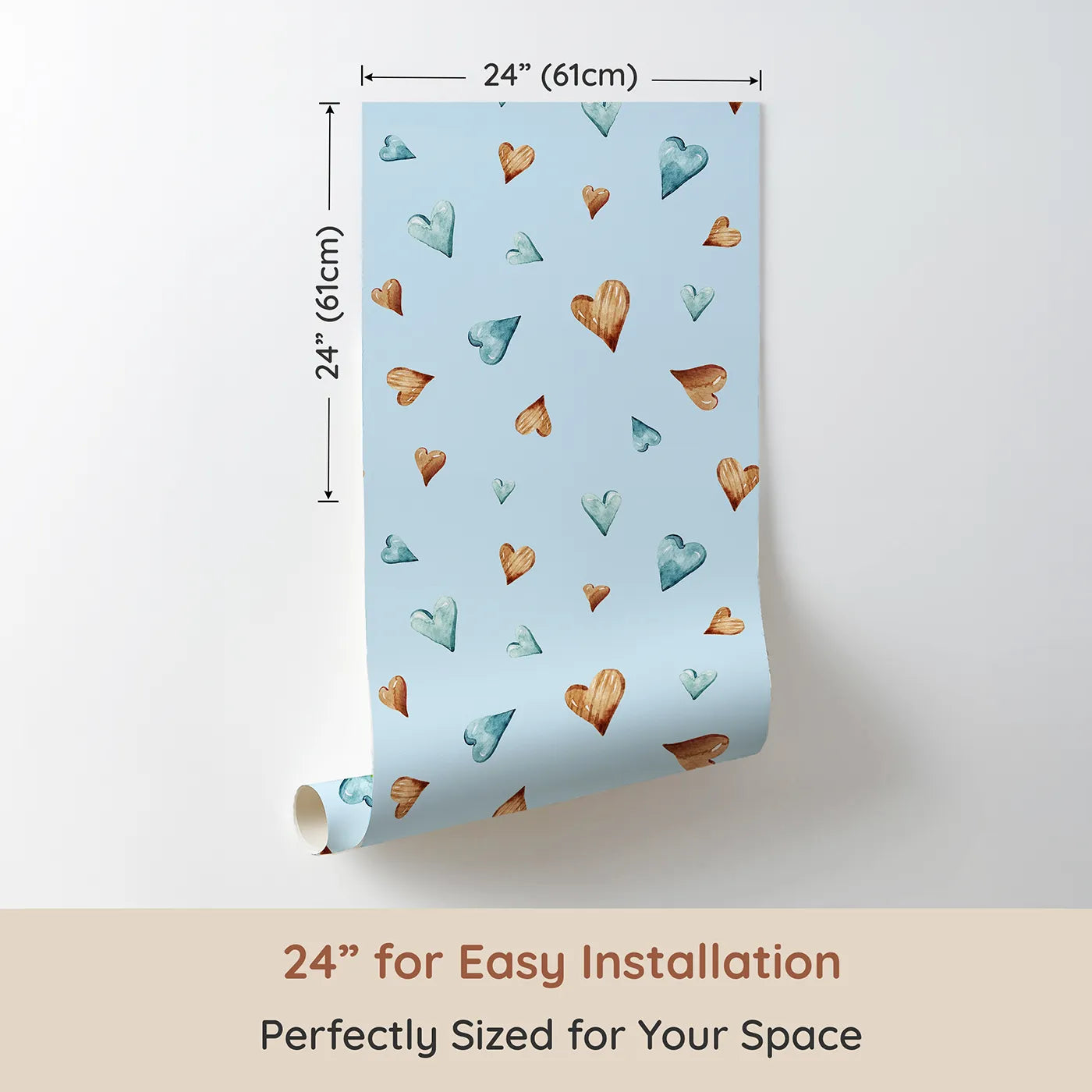 Dimension view of Whimsy Tots Heartful Whimsy Wallpaper in Sky (W3428E). Printed in 24-inch-wide panel for easy installation. Sweet watercolor hearts drift across a clear sky of calm.