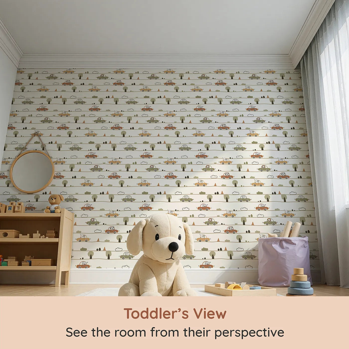 Whimsy Tots Zoomie Safari Drive Wallpaper (W3429) from your child's view.Friendly animals cruise through a whimsical roadside world.