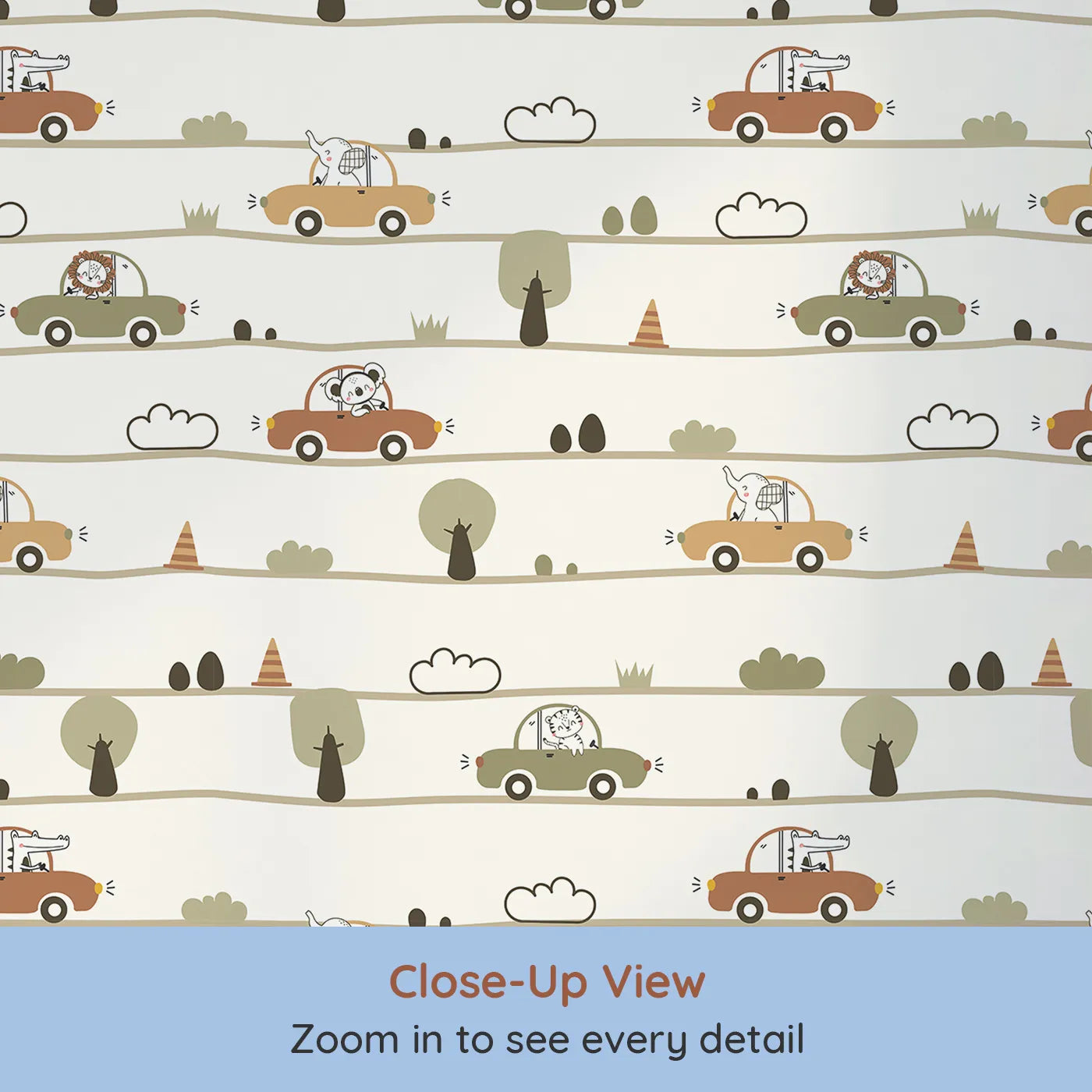 Close-up view of Whimsy Tots' Zoomie Safari Drive Wallpaper (W3429).Friendly animals cruise through a whimsical roadside world.