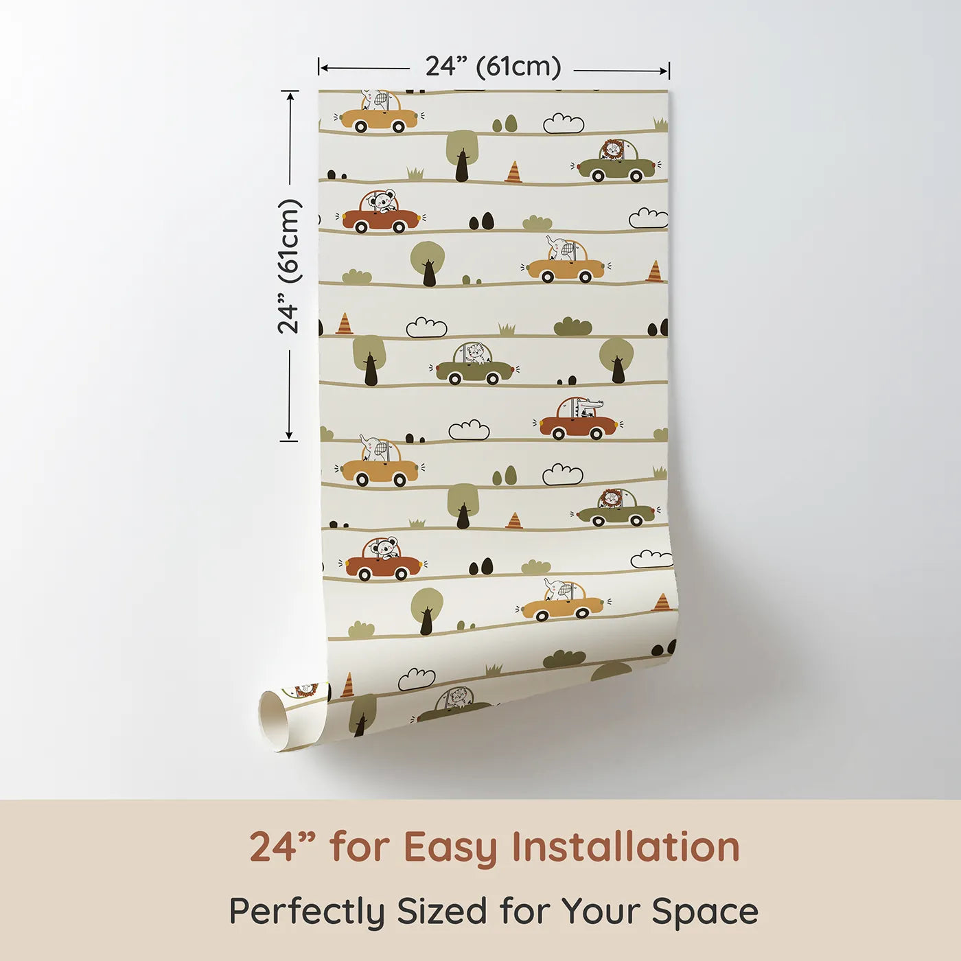 Dimension view of Whimsy Tots Zoomie Safari Drive Wallpaper (W3429). Printed in 24-inch-wide panel for easy installation. Friendly animals cruise through a whimsical roadside world.