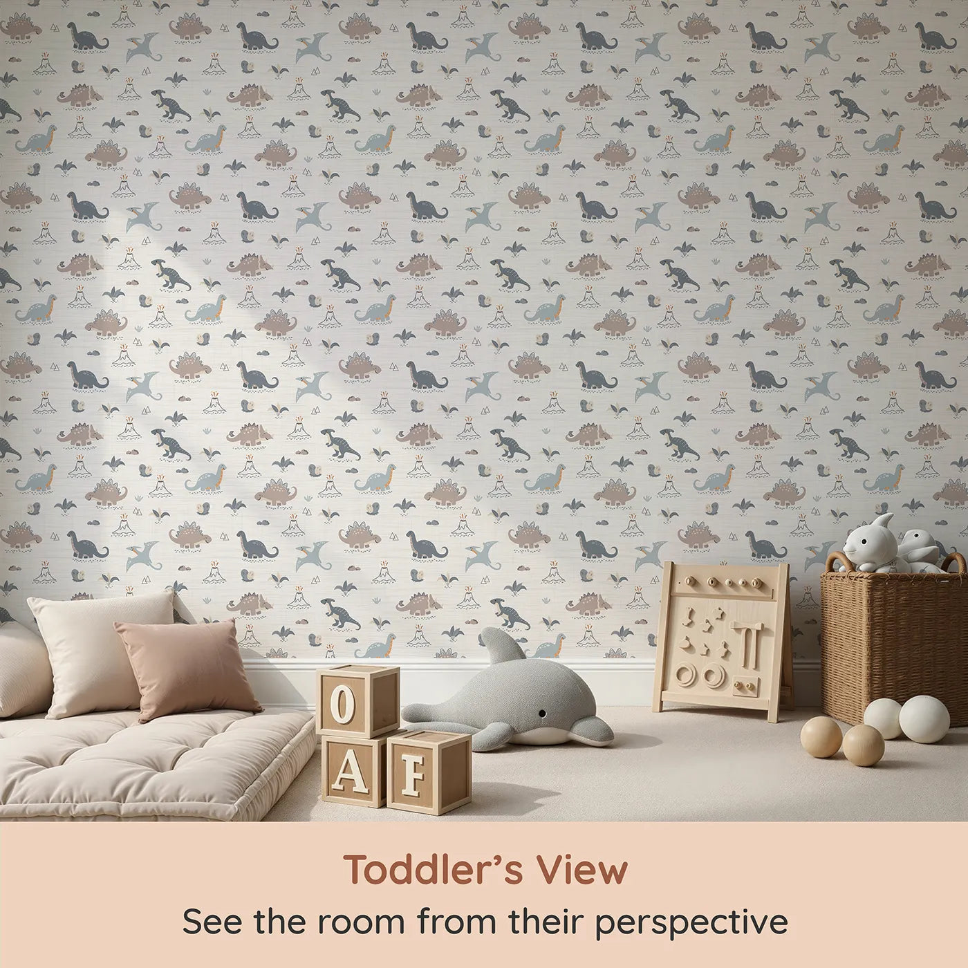 Whimsy Tots Prehistoric Pals Volcano Wallpaper (W3430) from your child's view.Smiling dinos and erupting volcanoes bring Jurassic joy to life.