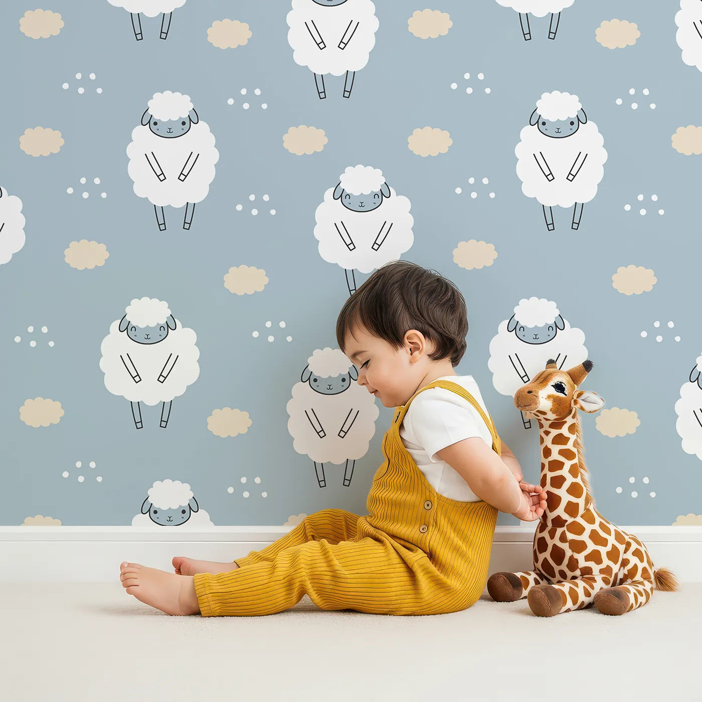 Lovely child standing in front of Whimsy Tots Counting Sheep Sky Wallpaper with sheep, cloud, dot in design.