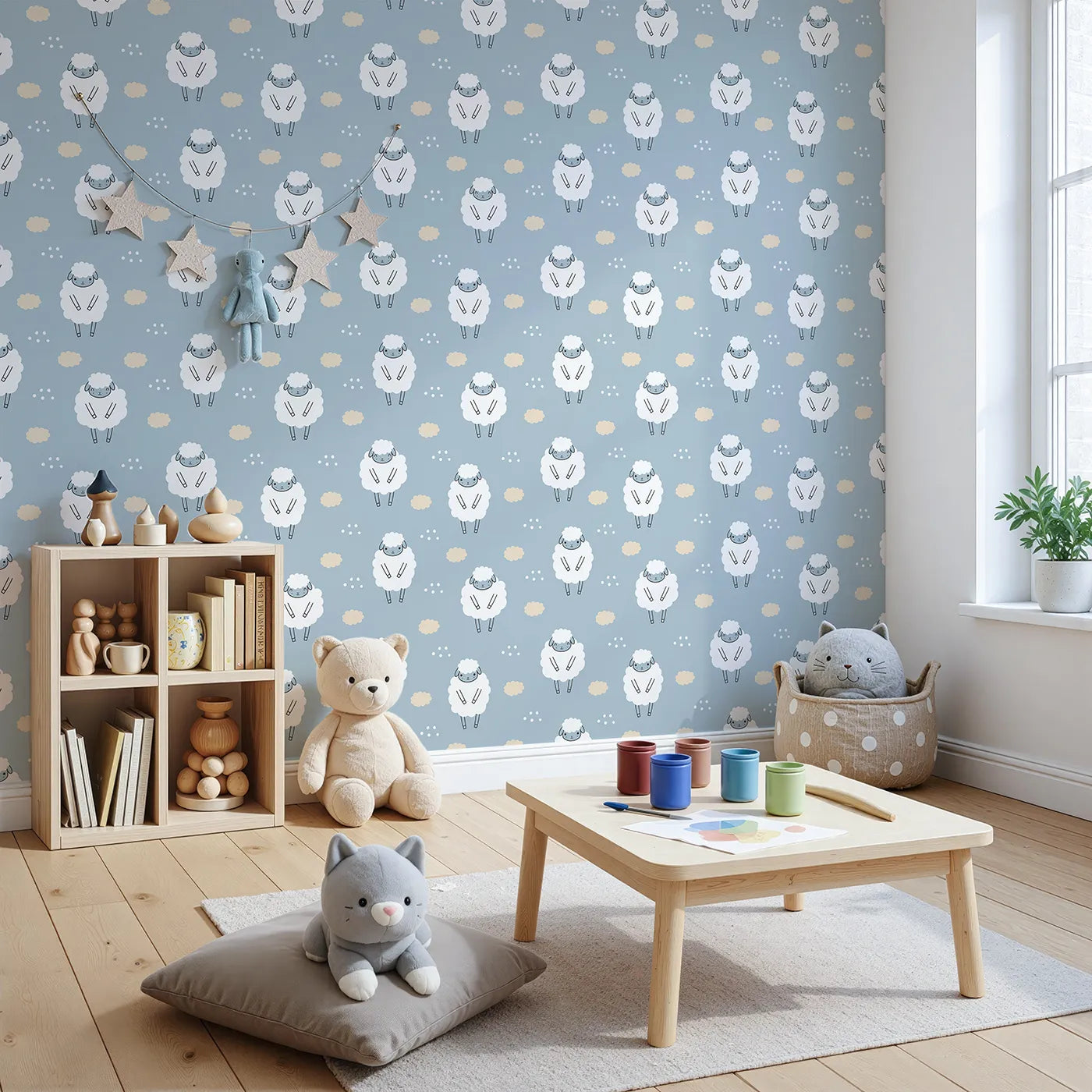 Angled view of Whimsy Tots' Counting Sheep Sky Wallpaper (W3431).Fluffy sheep float peacefully across a soft blue dream.