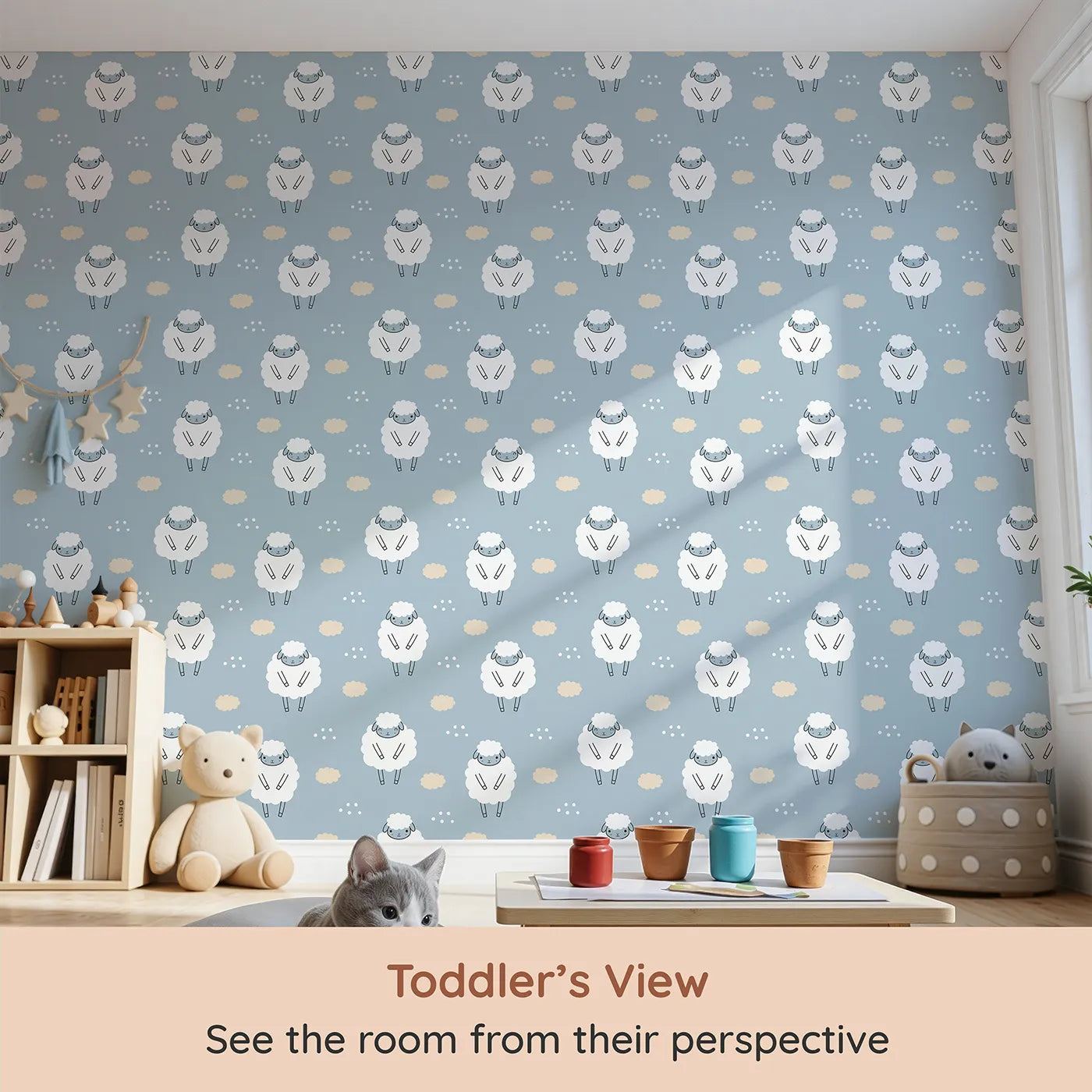 Whimsy Tots Counting Sheep Sky Wallpaper (W3431) from your child's view.Fluffy sheep float peacefully across a soft blue dream.