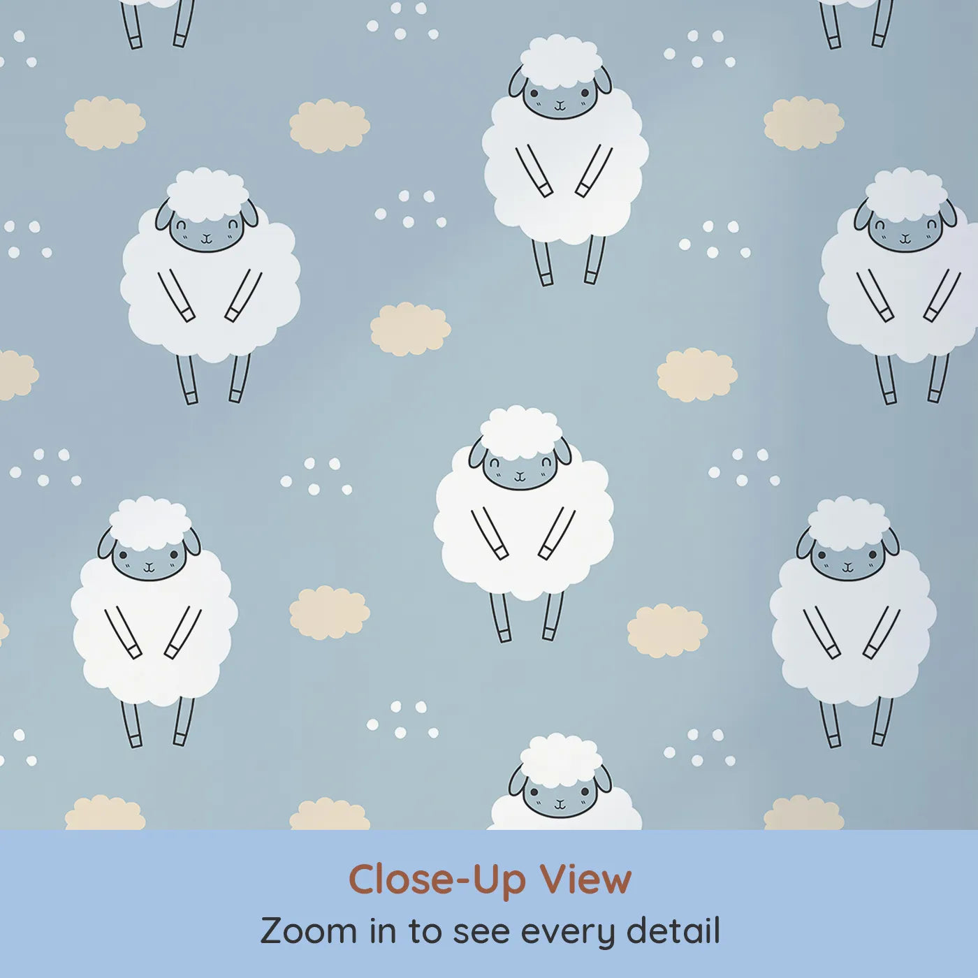 Close-up view of Whimsy Tots' Counting Sheep Sky Wallpaper (W3431).Fluffy sheep float peacefully across a soft blue dream.