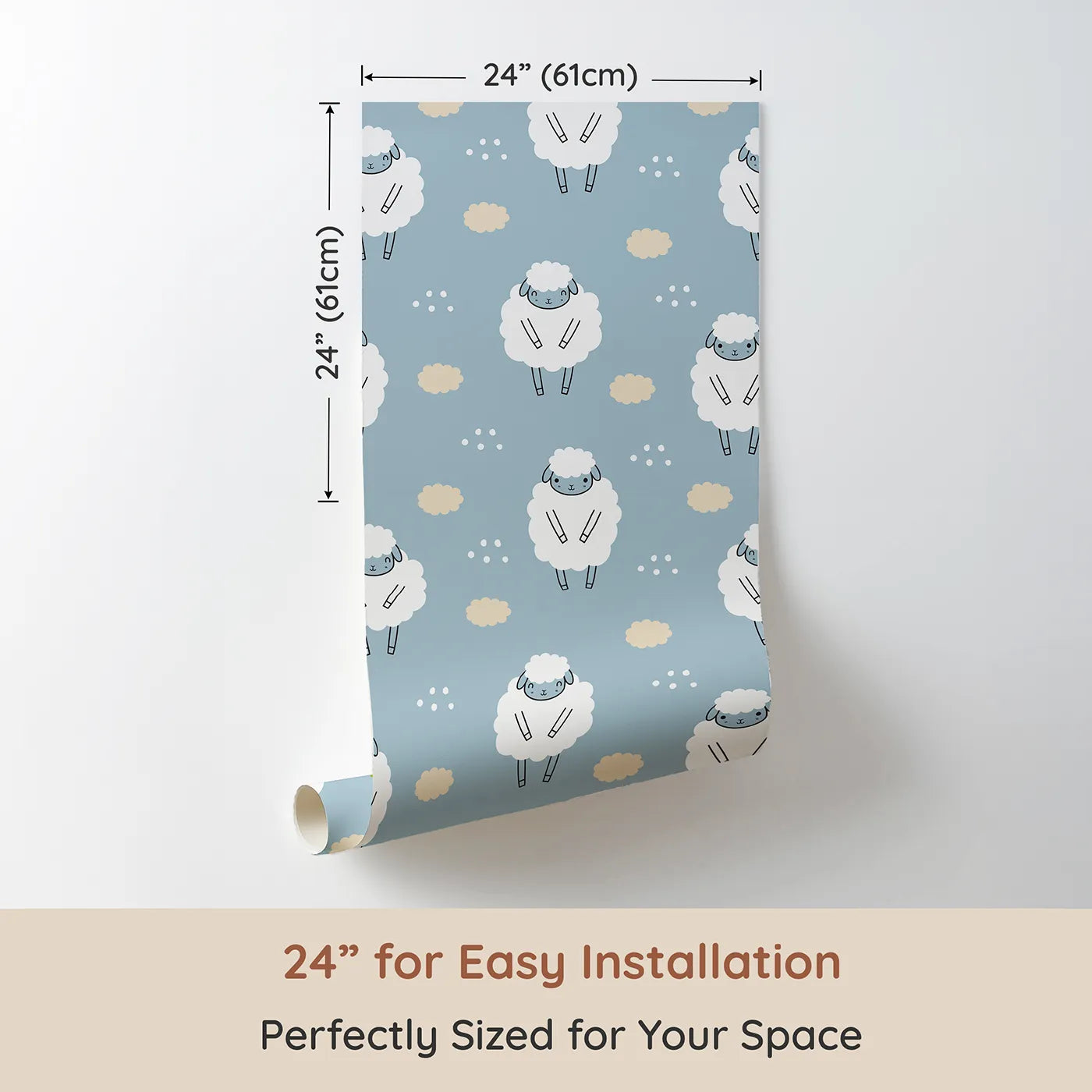 Dimension view of Whimsy Tots Counting Sheep Sky Wallpaper (W3431). Printed in 24-inch-wide panel for easy installation. Fluffy sheep float peacefully across a soft blue dream.