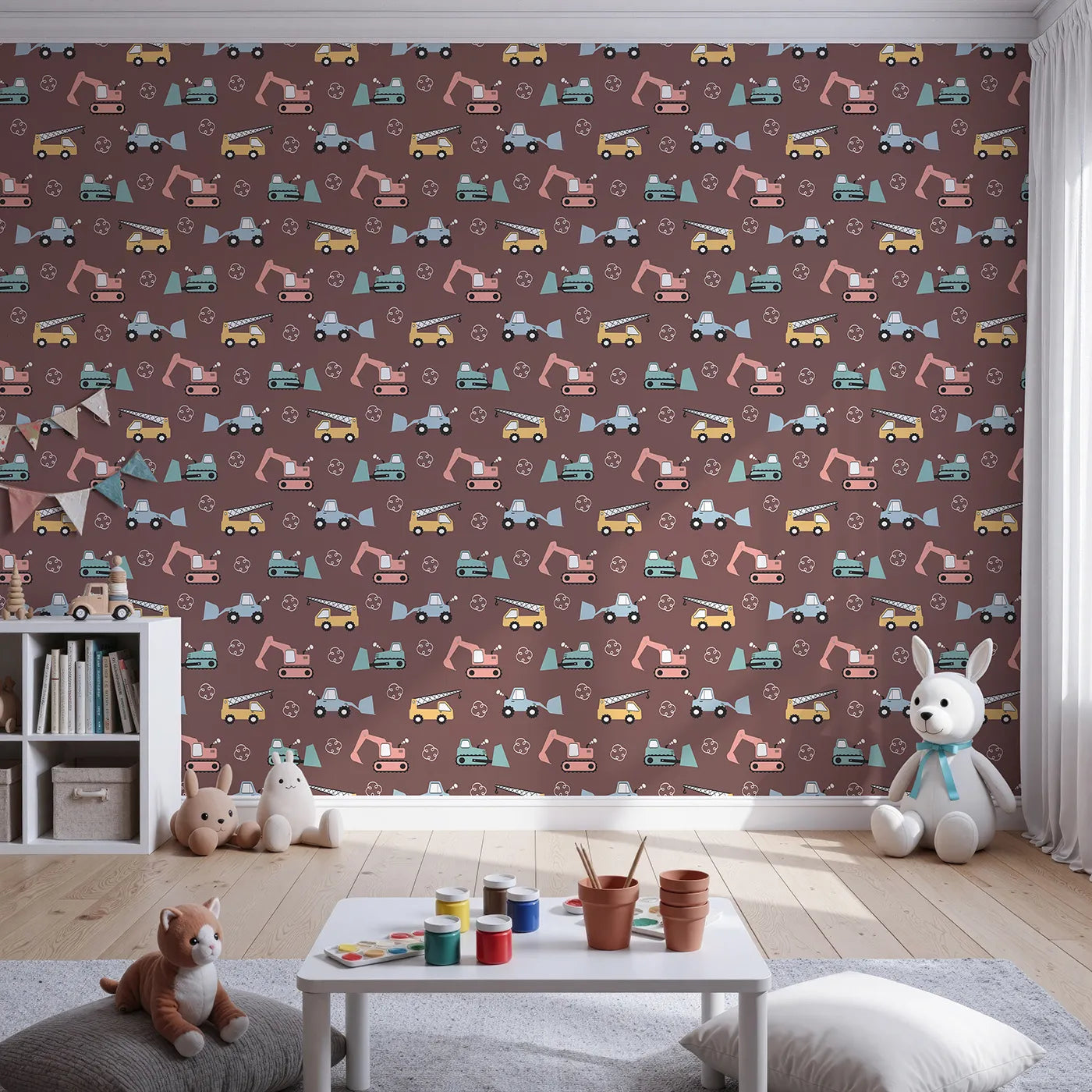 Front view of Whimsy Tots' Mighty Machines Construction Wallpaper