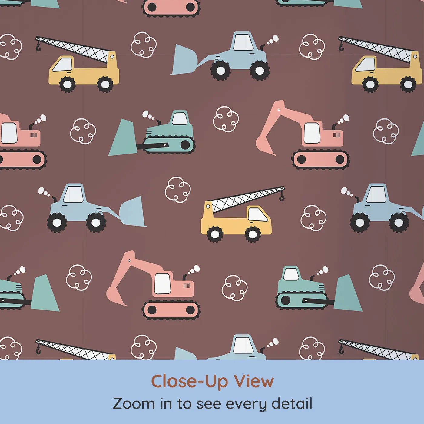 Close-up view of Whimsy Tots' Mighty Machines Construction Wallpaper (W3432A).Colorful diggers, cranes, and trucks spark little imaginations.