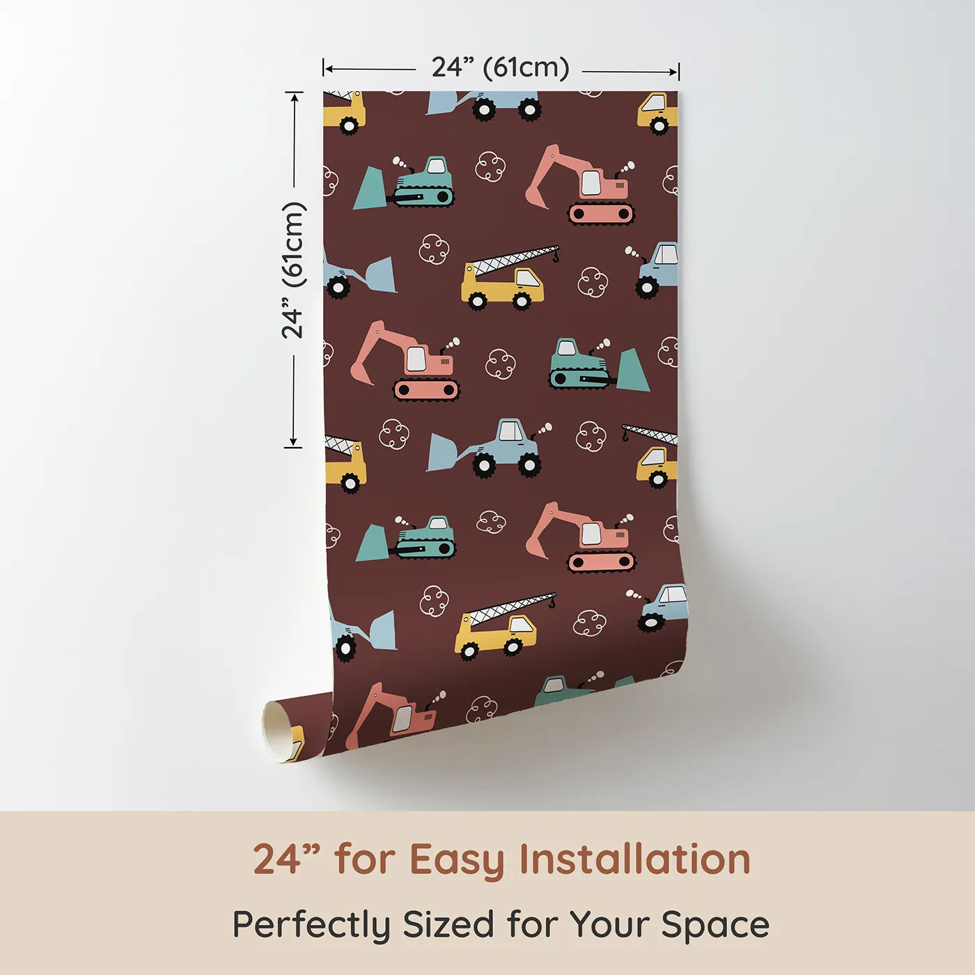 Dimension view of Whimsy Tots Mighty Machines Construction Wallpaper (W3432A). Printed in 24-inch-wide panel for easy installation. Colorful diggers, cranes, and trucks spark little imaginations.