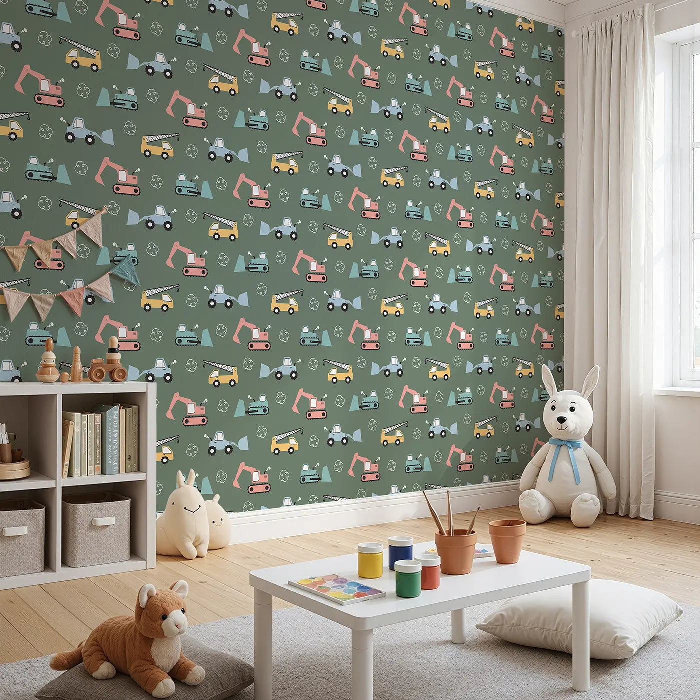 Angled view of Whimsy Tots' Mighty Machines Construction Wallpaper in Olive Green (W3432B).Diggers and cranes rumble across an earthy olive world.