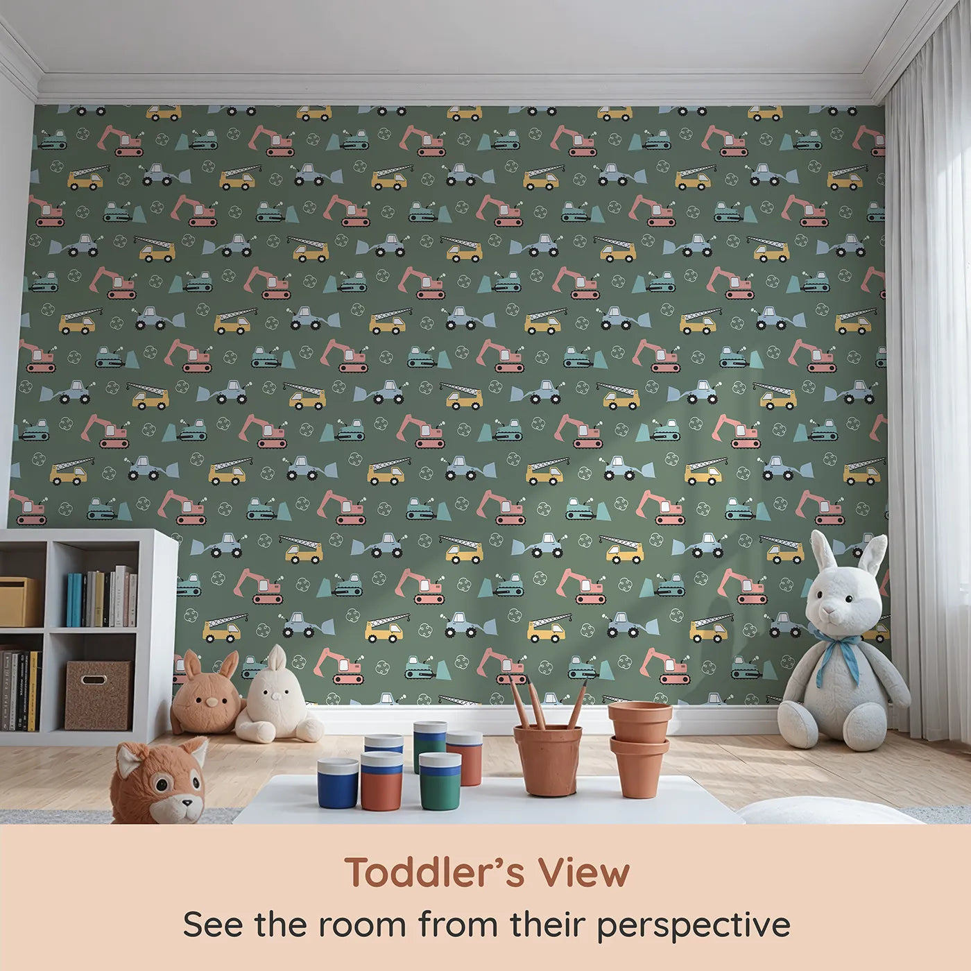 Whimsy Tots Mighty Machines Construction Wallpaper in Olive Green (W3432B) from your child's view.Diggers and cranes rumble across an earthy olive world.