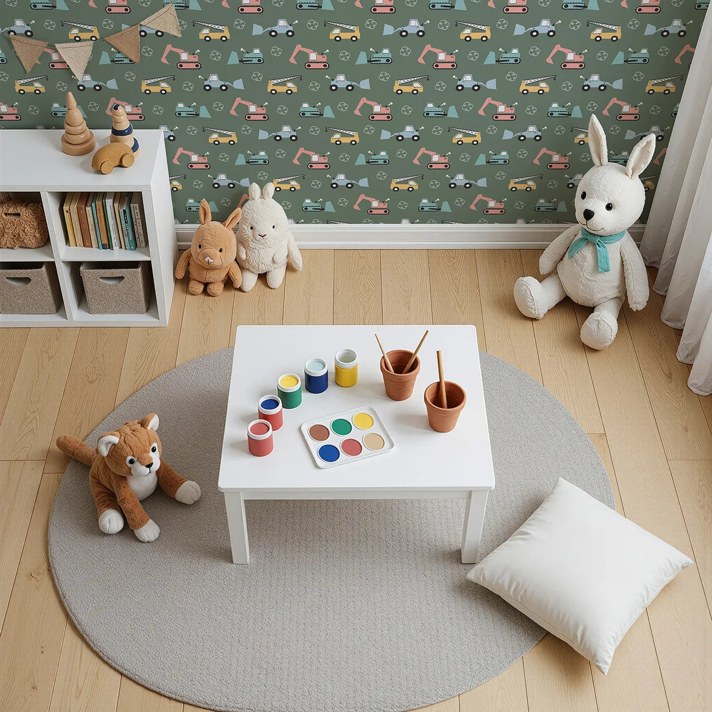 Top-Down view of Whimsy Tots' Mighty Machines Construction Wallpaper in Olive Green (W3432B).Diggers and cranes rumble across an earthy olive world.