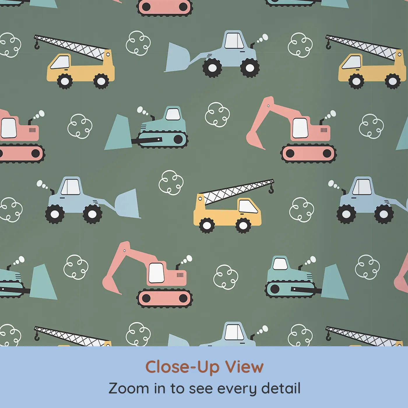 Close-up view of Whimsy Tots' Mighty Machines Construction Wallpaper in Olive Green (W3432B).Diggers and cranes rumble across an earthy olive world.