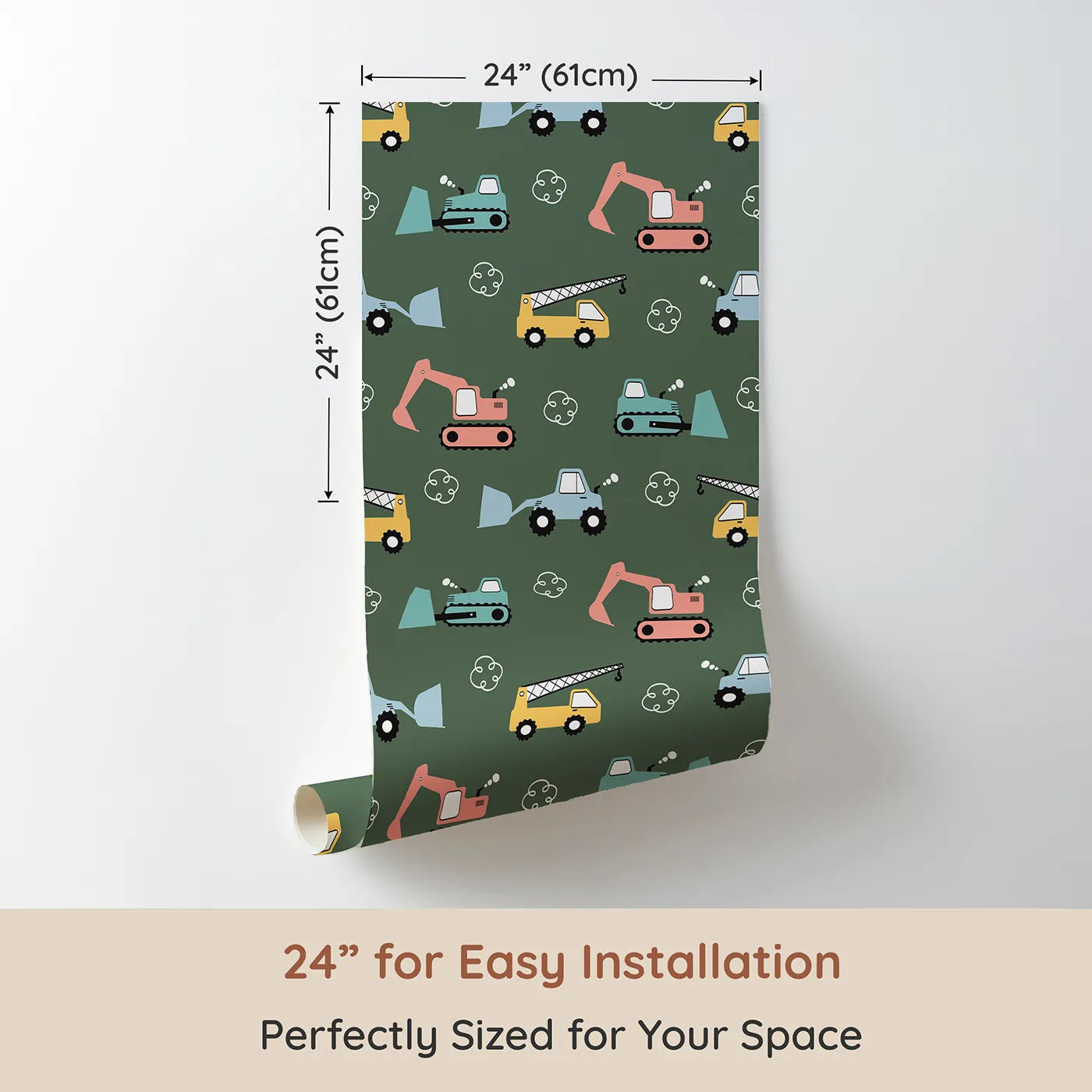 Dimension view of Whimsy Tots Mighty Machines Construction Wallpaper in Olive Green (W3432B). Printed in 24-inch-wide panel for easy installation. Diggers and cranes rumble across an earthy olive world.