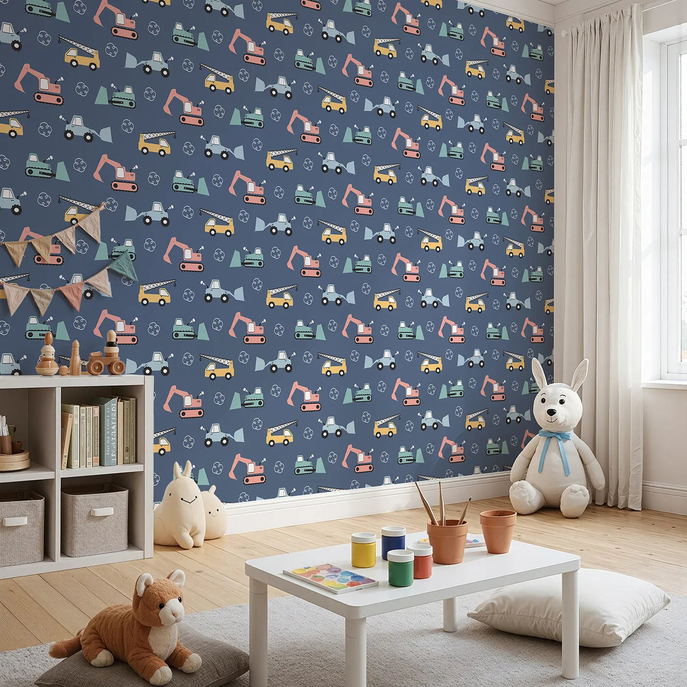 Angled view of Whimsy Tots' Mighty Machines Construction Wallpaper in Navy Blue (W3432C).Busy diggers and trucks roll across a navy-toned dream.