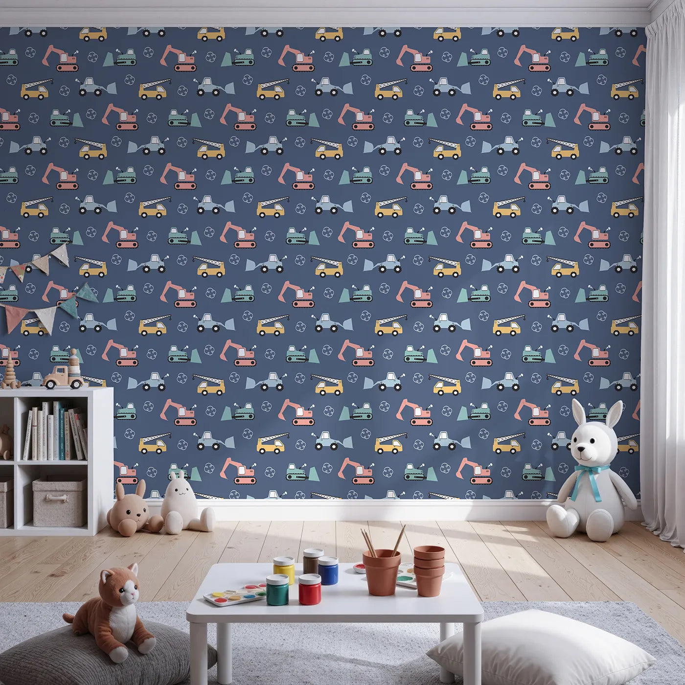 Front view of Whimsy Tots' Mighty Machines Construction Wallpaper in Navy Blue