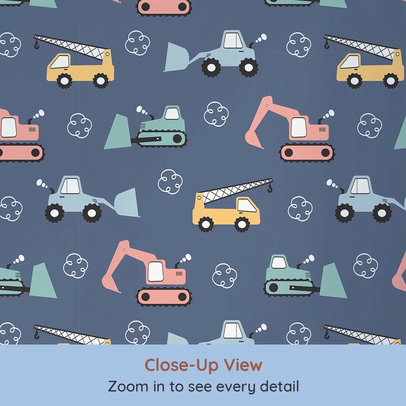 Close-up view of Whimsy Tots' Mighty Machines Construction Wallpaper in Navy Blue (W3432C).Busy diggers and trucks roll across a navy-toned dream.
